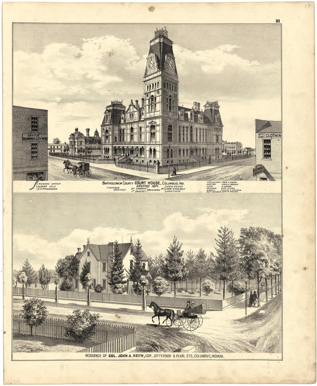 Bartholomew County Court House; Residence of Col. John A. Keith from Atlas of Bartholomew County, Indiana : to Which Are Added Various General Maps, History, Statistics, Illustrations, &amp; C. &amp; C. &amp; C 1879 by Relic Map Company