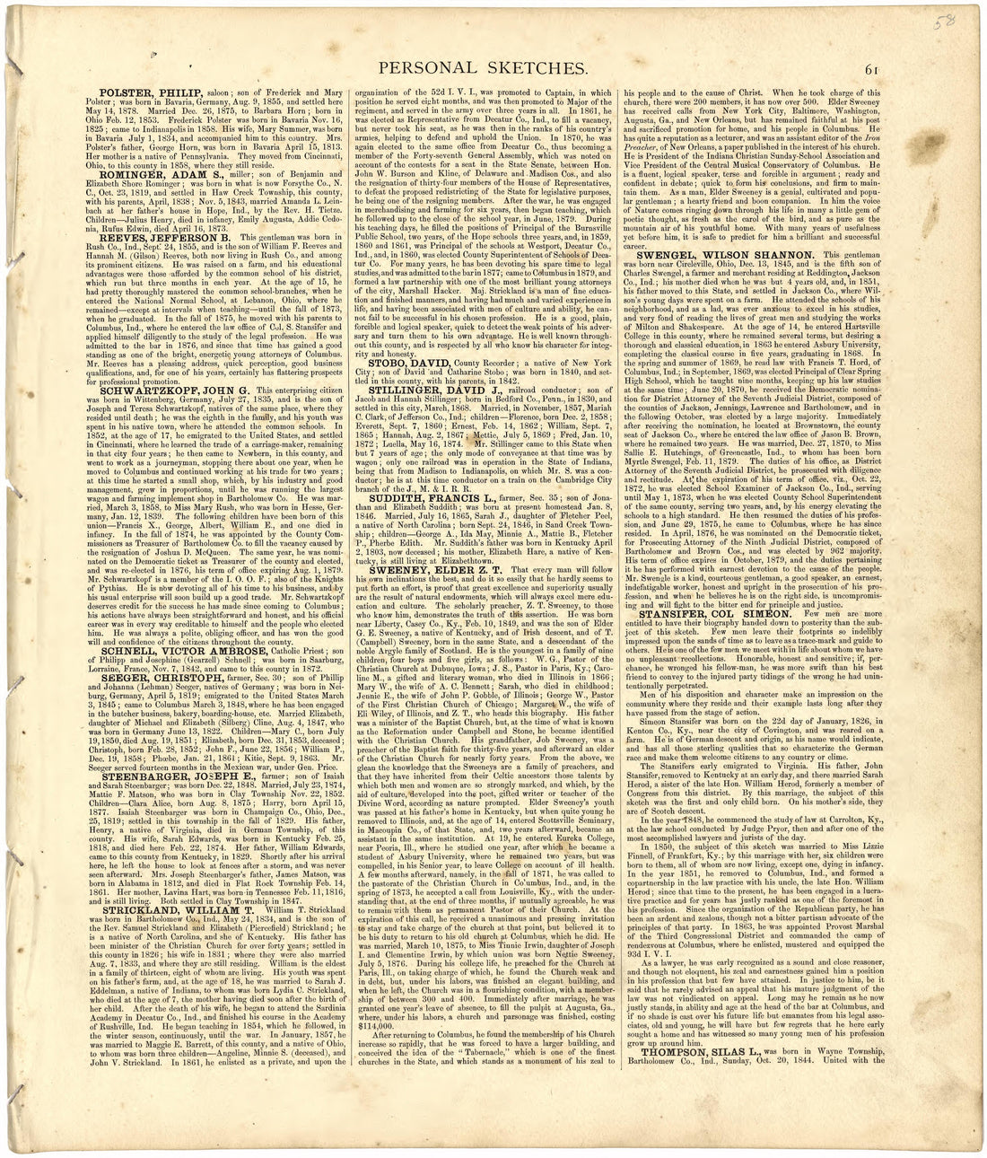 Personal Sketches from Atlas of Bartholomew County, Indiana : to Which Are Added Various General Maps, History, Statistics, Illustrations, &amp; C. &amp; C. &amp; C 1879 by Relic Map Company