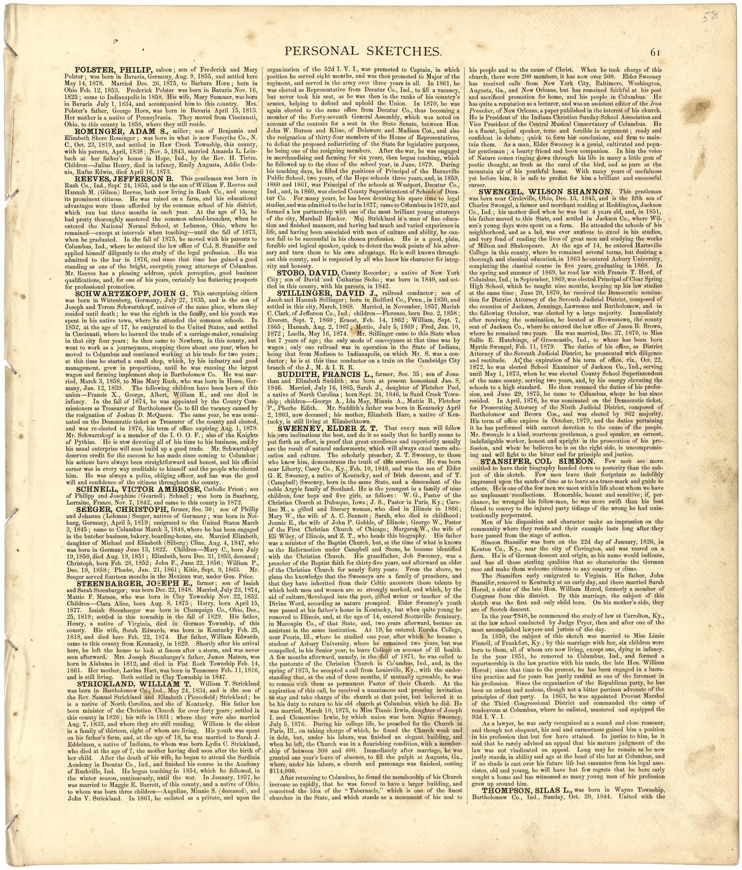 Personal Sketches from Atlas of Bartholomew County, Indiana : to Which Are Added Various General Maps, History, Statistics, Illustrations, &amp; C. &amp; C. &amp; C 1879 by Relic Map Company