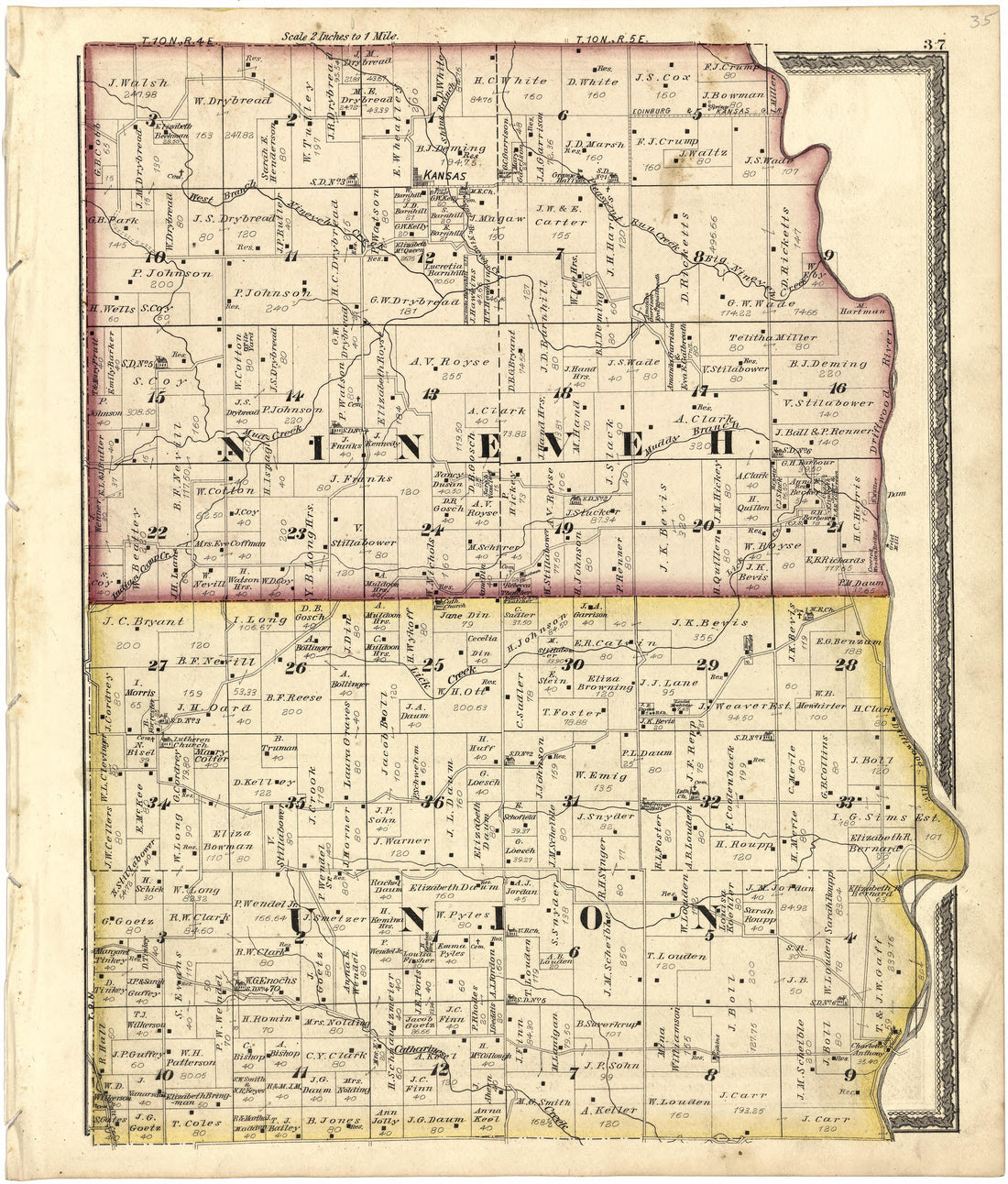 Nineveh; Union from Atlas of Bartholomew County, Indiana : to Which Are Added Various General Maps, History, Statistics, Illustrations, &amp; C. &amp; C. &amp; C 1879 by Relic Map Company