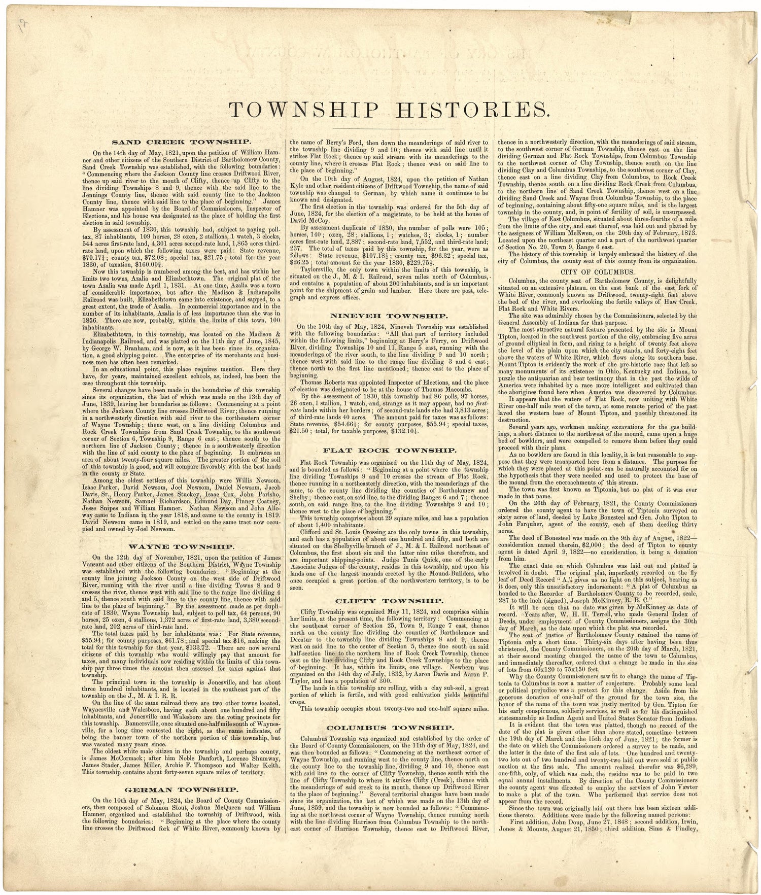 Township Histories from Atlas of Bartholomew County, Indiana : to Which Are Added Various General Maps, History, Statistics, Illustrations, &amp; C. &amp; C. &amp; C 1879 by Relic Map Company
