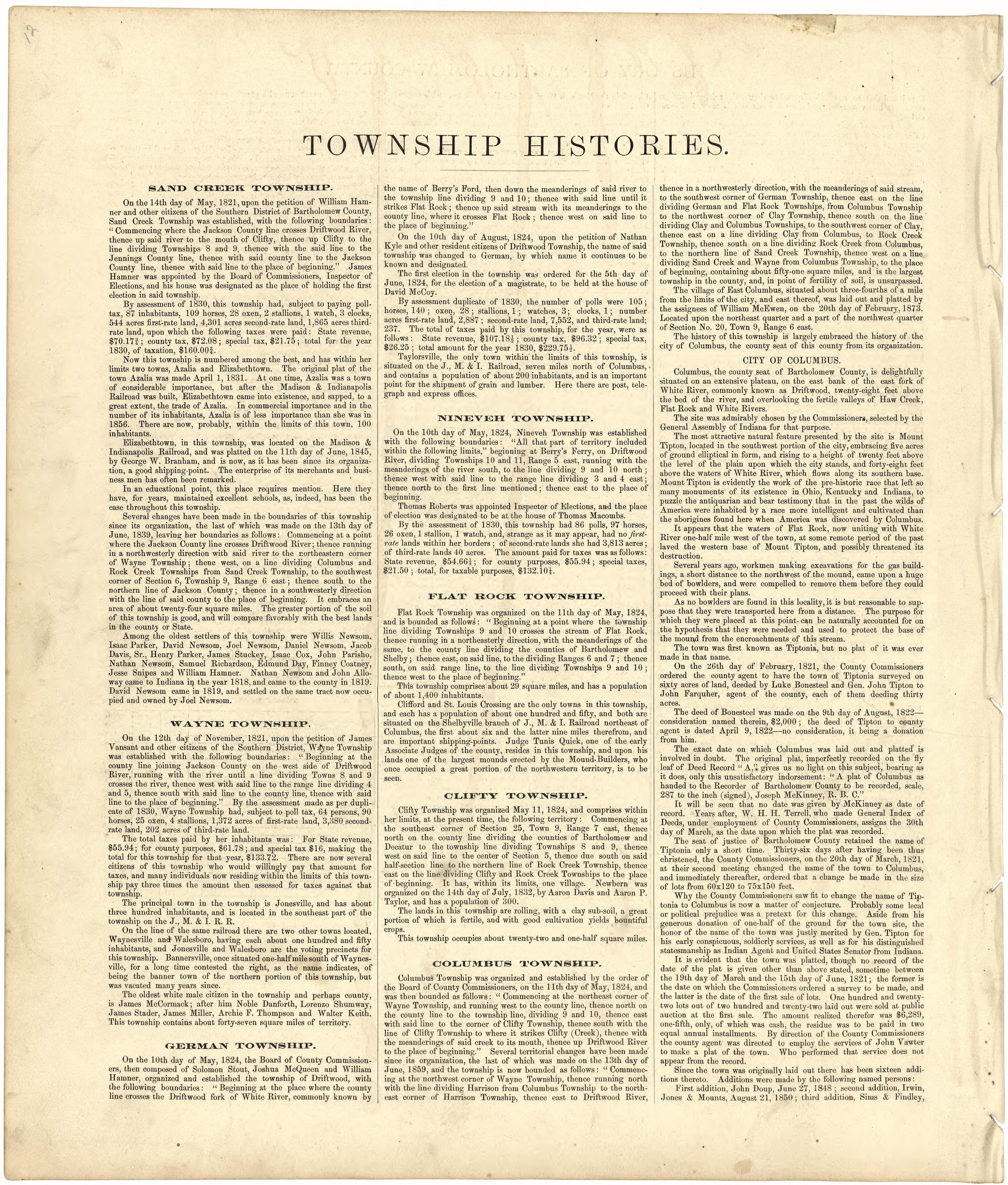 Township Histories from Atlas of Bartholomew County, Indiana : to Which Are Added Various General Maps, History, Statistics, Illustrations, &amp; C. &amp; C. &amp; C 1879 by Relic Map Company