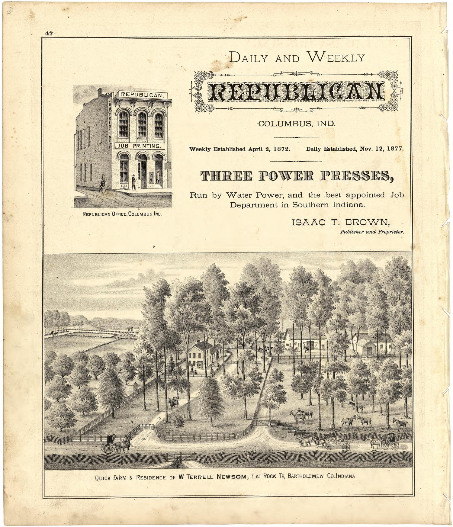 Daily and Weekly Republican from Atlas of Bartholomew County, Indiana : to Which Are Added Various General Maps, History, Statistics, Illustrations, &amp; C. &amp; C. &amp; C 1879 by Relic Map Company