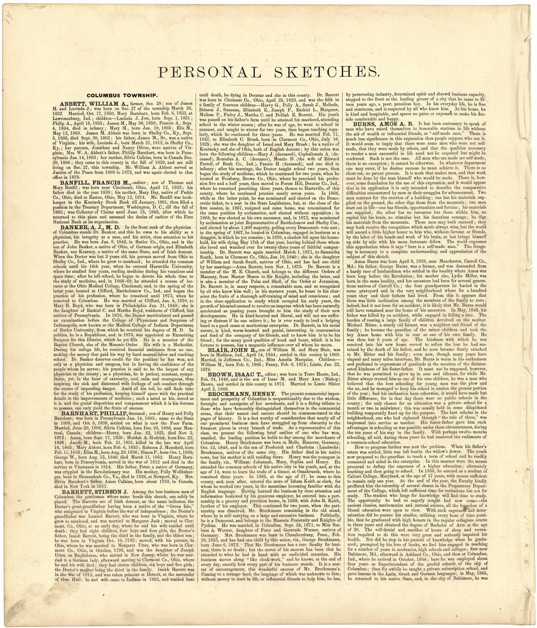 Personal Sketches from Atlas of Bartholomew County, Indiana : to Which Are Added Various General Maps, History, Statistics, Illustrations, &amp; C. &amp; C. &amp; C 1879 by Relic Map Company