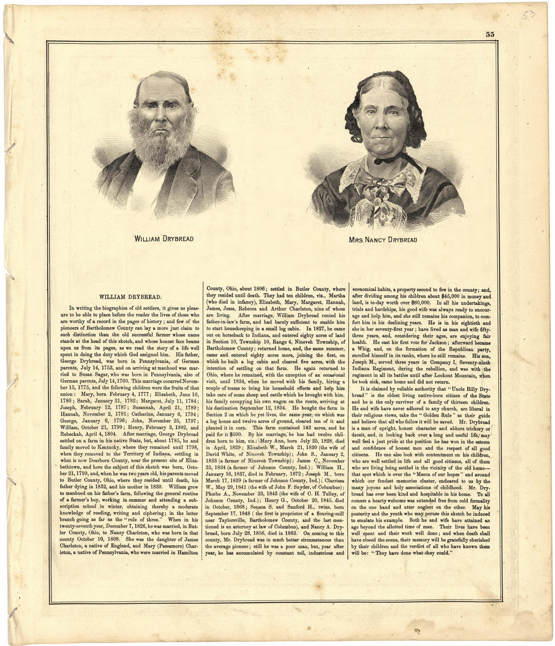 Biography of William Drybread from Atlas of Bartholomew County, Indiana : to Which Are Added Various General Maps, History, Statistics, Illustrations, &amp; C. &amp; C. &amp; C 1879 by Relic Map Company