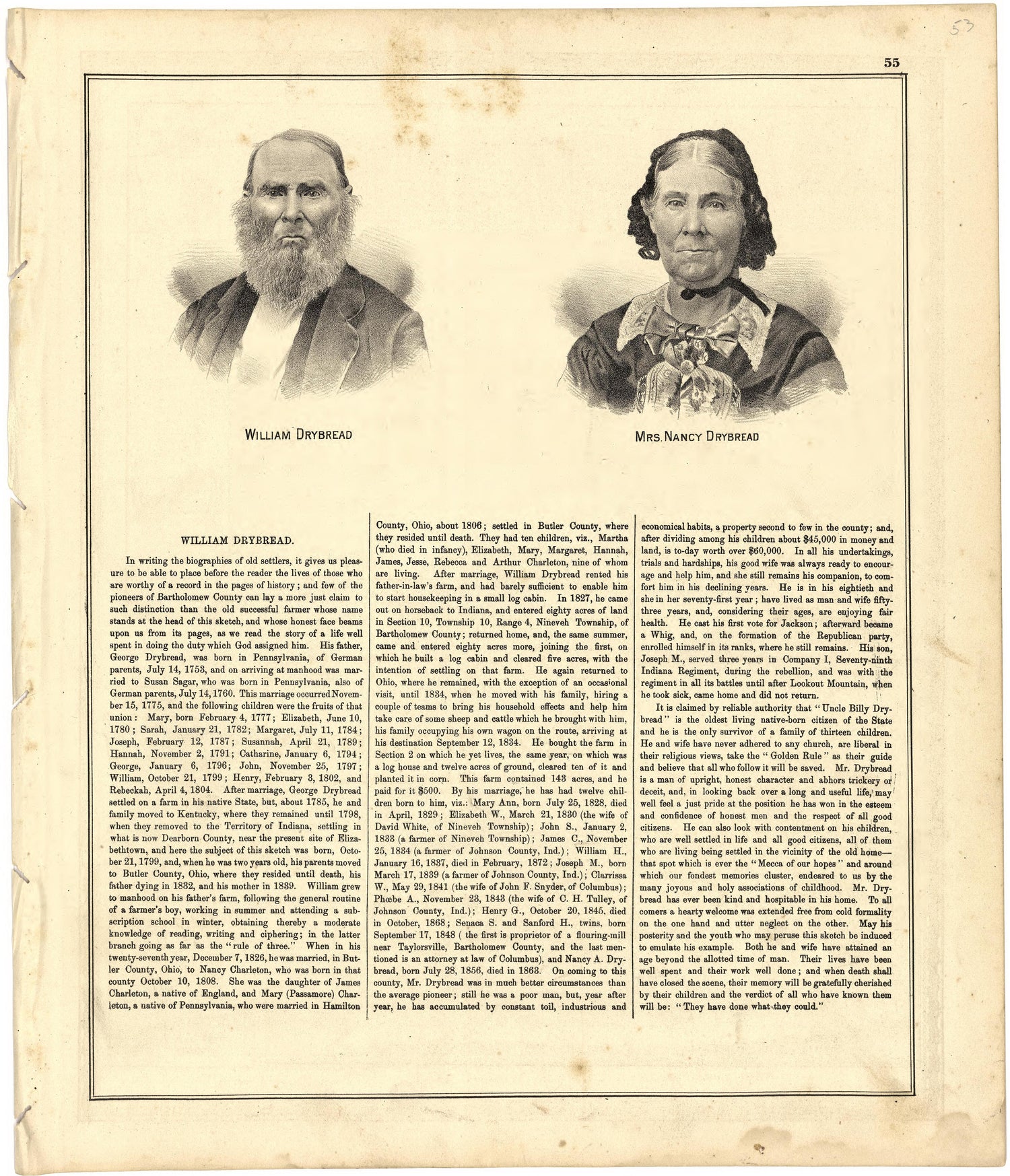 Biography of William Drybread from Atlas of Bartholomew County, Indiana : to Which Are Added Various General Maps, History, Statistics, Illustrations, &amp; C. &amp; C. &amp; C 1879 by Relic Map Company