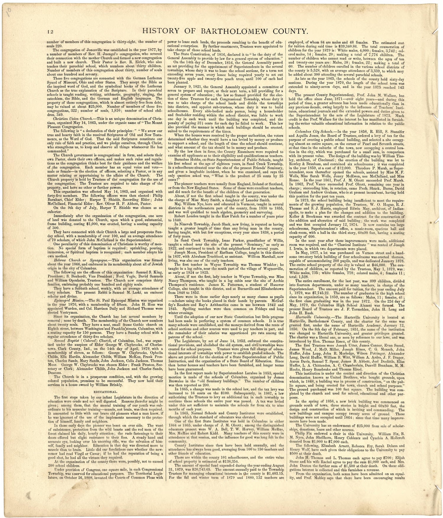 History of Bartholomew County from Atlas of Bartholomew County, Indiana : to Which Are Added Various General Maps, History, Statistics, Illustrations, &amp; C. &amp; C. &amp; C 1879 by Relic Map Company