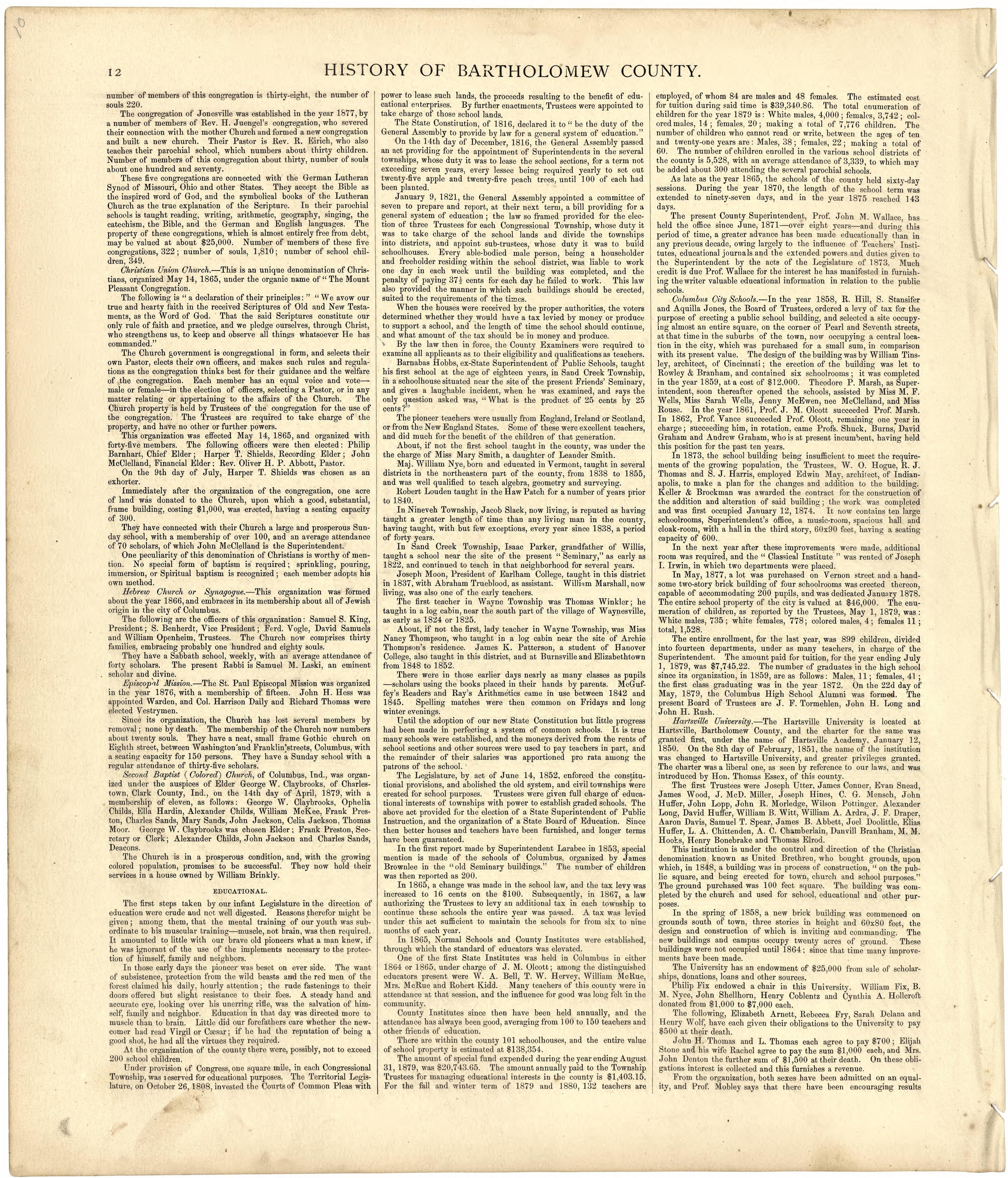 History of Bartholomew County from Atlas of Bartholomew County, Indiana : to Which Are Added Various General Maps, History, Statistics, Illustrations, &amp; C. &amp; C. &amp; C 1879 by Relic Map Company