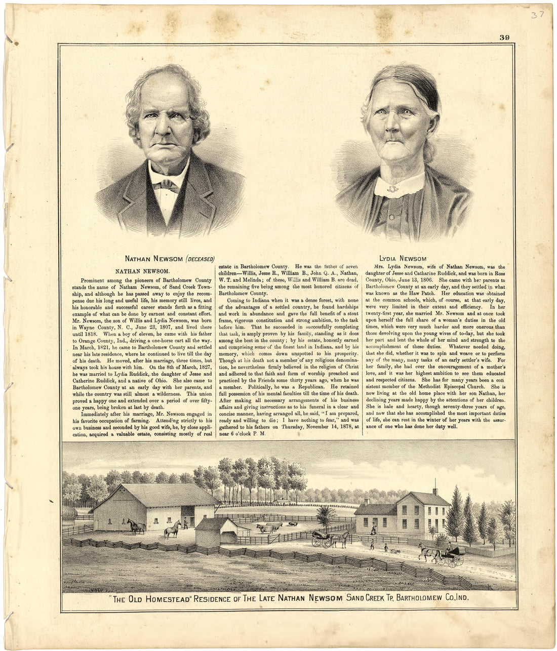 The Old Homestead Residence of the Late Nathan Newsom from Atlas of Bartholomew County, Indiana : to Which Are Added Various General Maps, History, Statistics, Illustrations, &amp; C. &amp; C. &amp; C 1879 by Relic Map Company