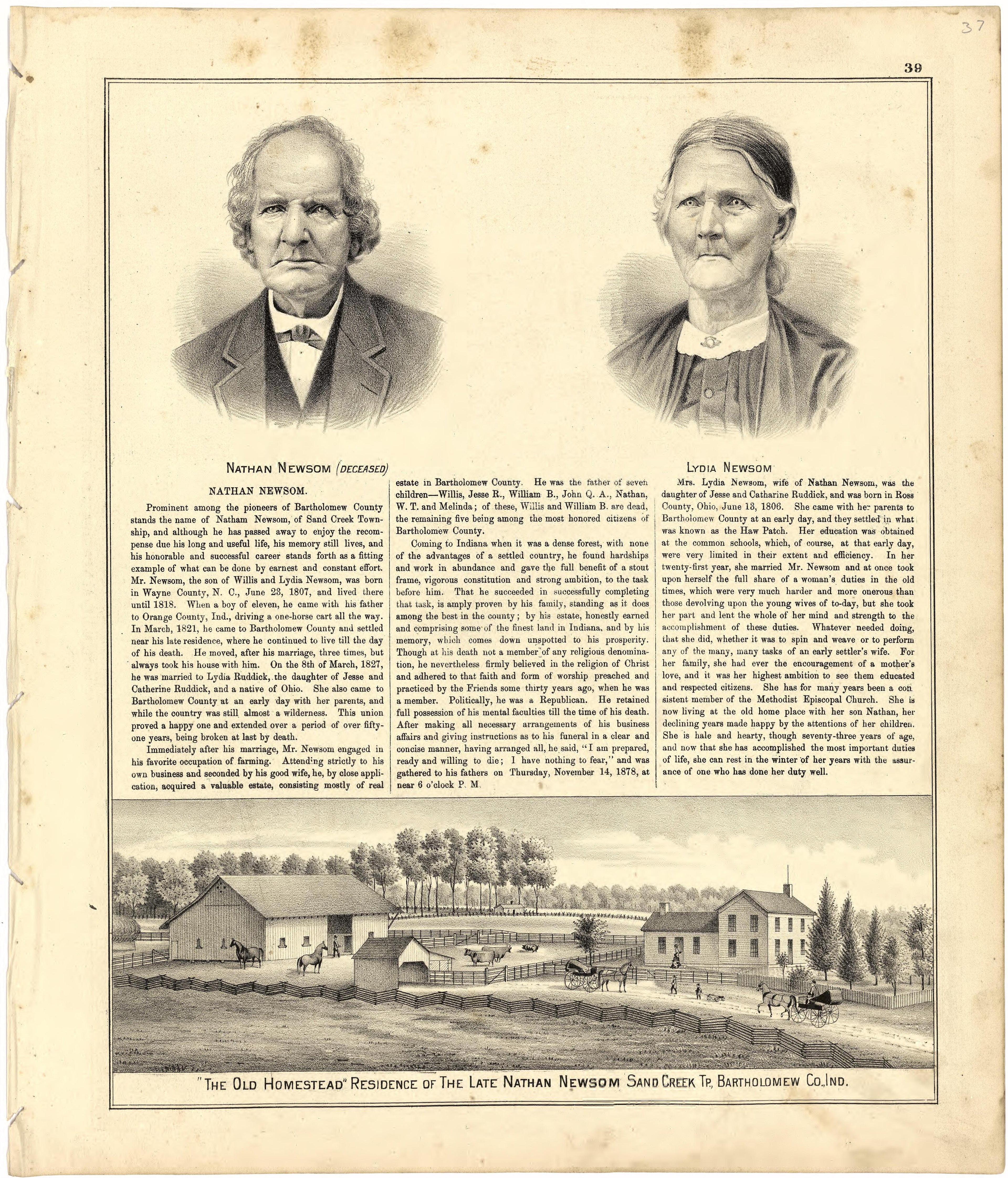 The Old Homestead Residence of the Late Nathan Newsom from Atlas of Bartholomew County, Indiana : to Which Are Added Various General Maps, History, Statistics, Illustrations, &amp; C. &amp; C. &amp; C 1879 by Relic Map Company