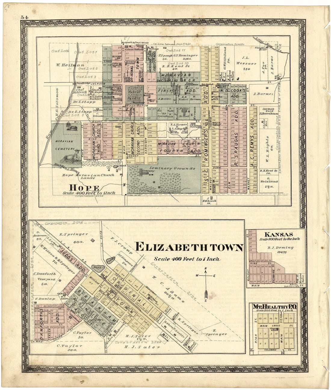 Hope; Elizabeth Town; Kansas; Mt. Healthy P.O. from Atlas of Bartholomew County, Indiana : to Which Are Added Various General Maps, History, Statistics, Illustrations, &amp; C. &amp; C. &amp; C 1879 by Relic Map Company