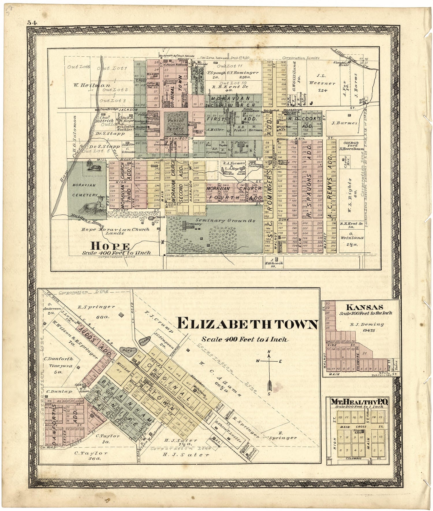 Hope; Elizabeth Town; Kansas; Mt. Healthy P.O. from Atlas of Bartholomew County, Indiana : to Which Are Added Various General Maps, History, Statistics, Illustrations, &amp; C. &amp; C. &amp; C 1879 by Relic Map Company