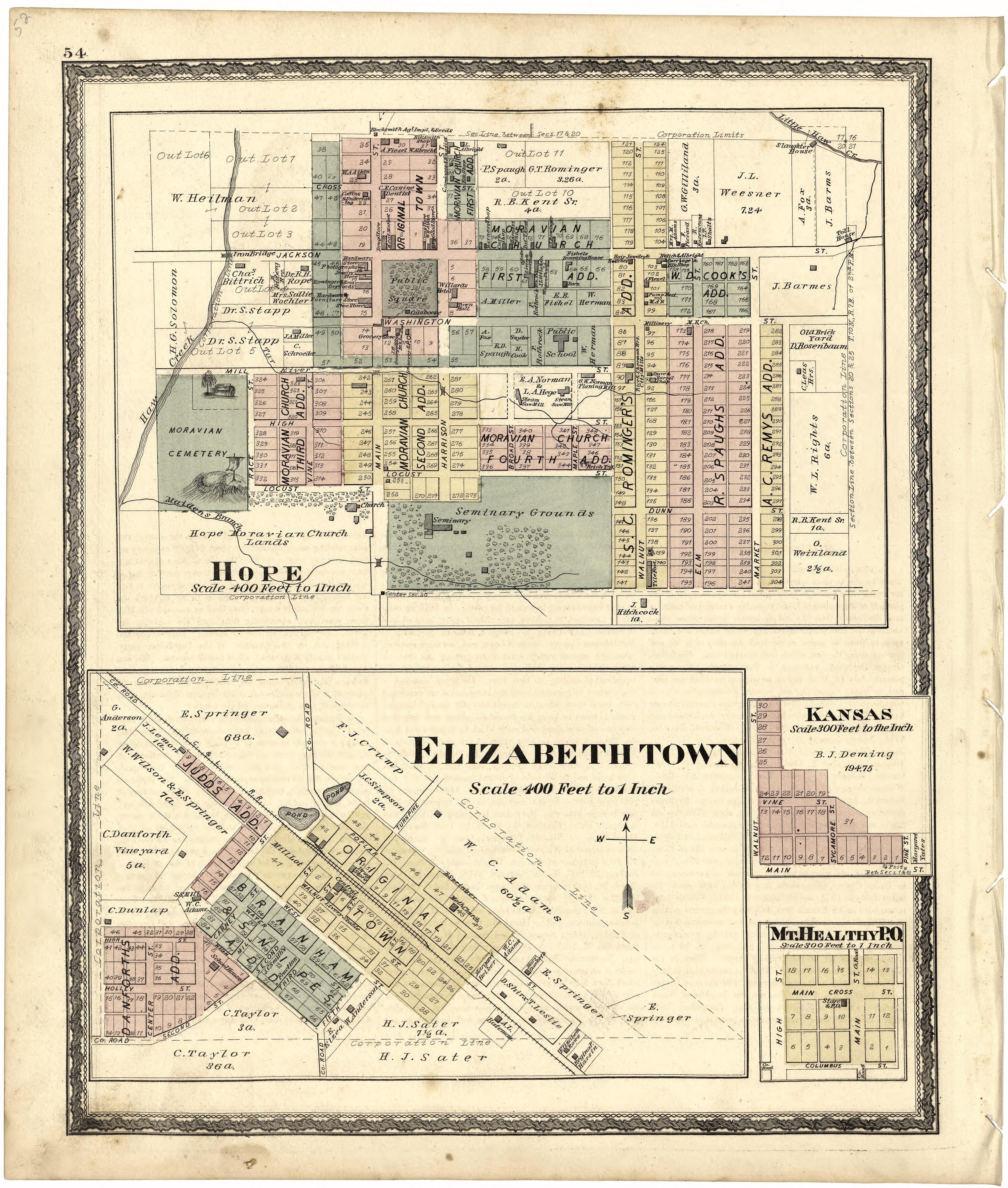 Hope; Elizabeth Town; Kansas; Mt. Healthy P.O. from Atlas of Bartholomew County, Indiana : to Which Are Added Various General Maps, History, Statistics, Illustrations, &amp; C. &amp; C. &amp; C 1879 by Relic Map Company