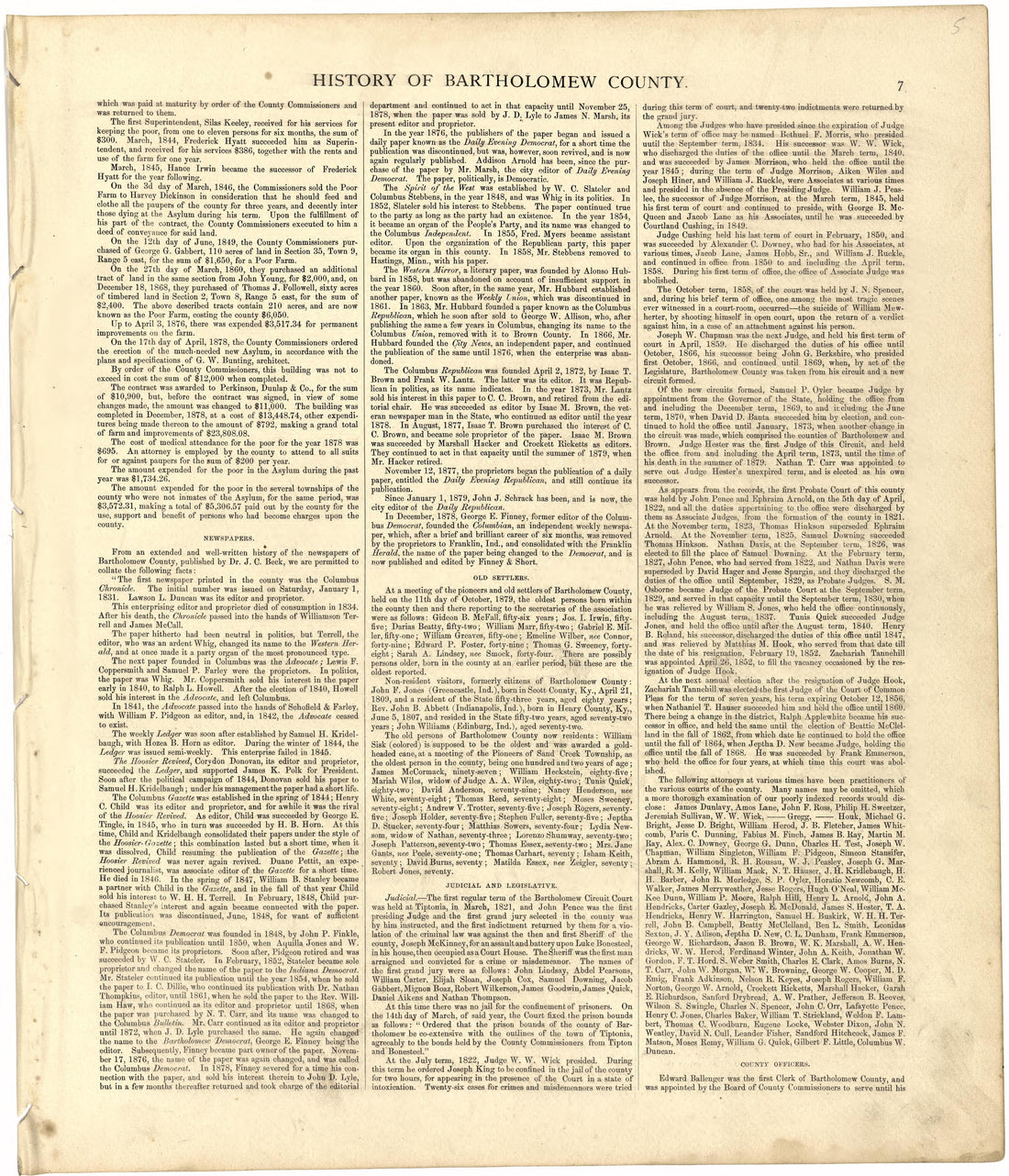History of Bartholomew County from Atlas of Bartholomew County, Indiana : to Which Are Added Various General Maps, History, Statistics, Illustrations, &amp; C. &amp; C. &amp; C 1879 by Relic Map Company