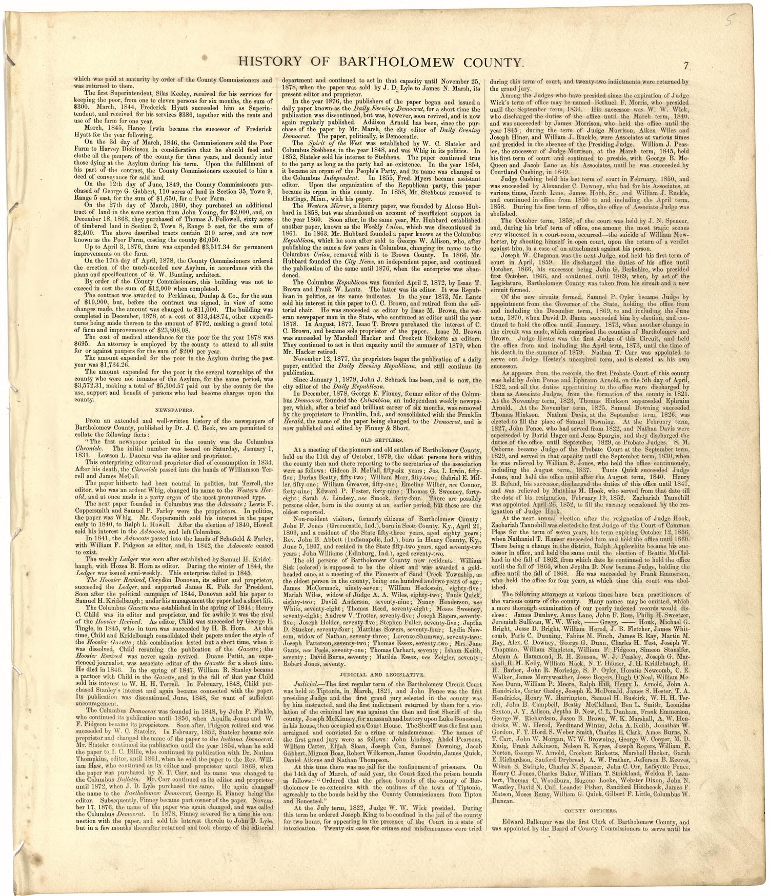 History of Bartholomew County from Atlas of Bartholomew County, Indiana : to Which Are Added Various General Maps, History, Statistics, Illustrations, &amp; C. &amp; C. &amp; C 1879 by Relic Map Company