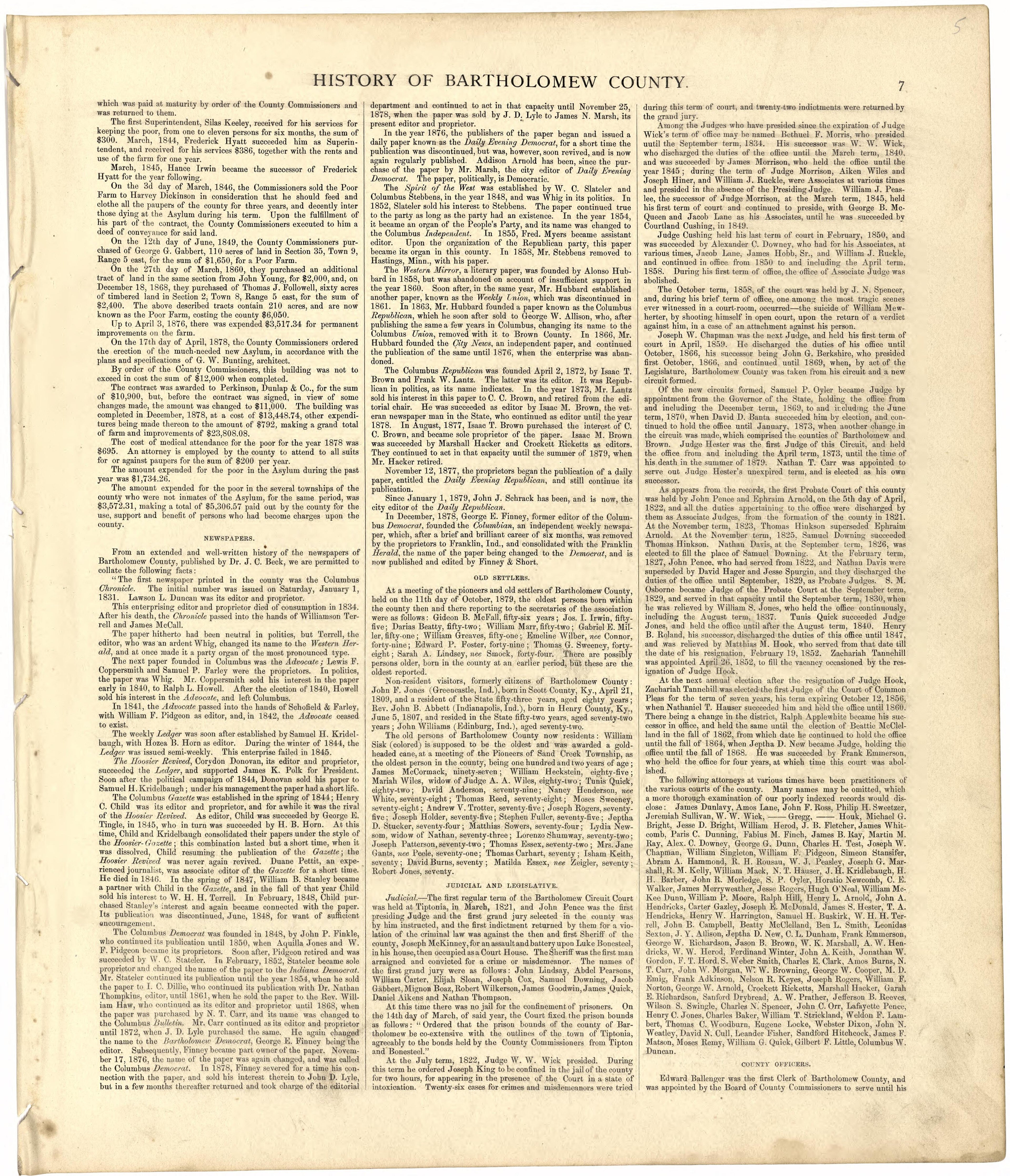 History of Bartholomew County from Atlas of Bartholomew County, Indiana : to Which Are Added Various General Maps, History, Statistics, Illustrations, &amp; C. &amp; C. &amp; C 1879 by Relic Map Company