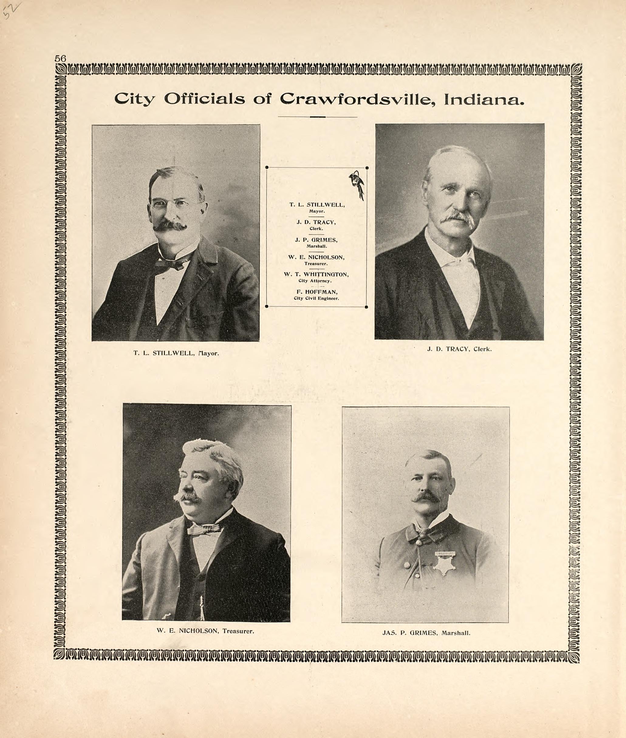 City Officials of Crawfordsville, Indiana from the Revised Montgomery County Atlas : Containing, Besides a Complete Atlas, Histories of the Townships and County and Treatises On Civil Government, Surveying and Civil Engineering 1898 by Relic Map Company