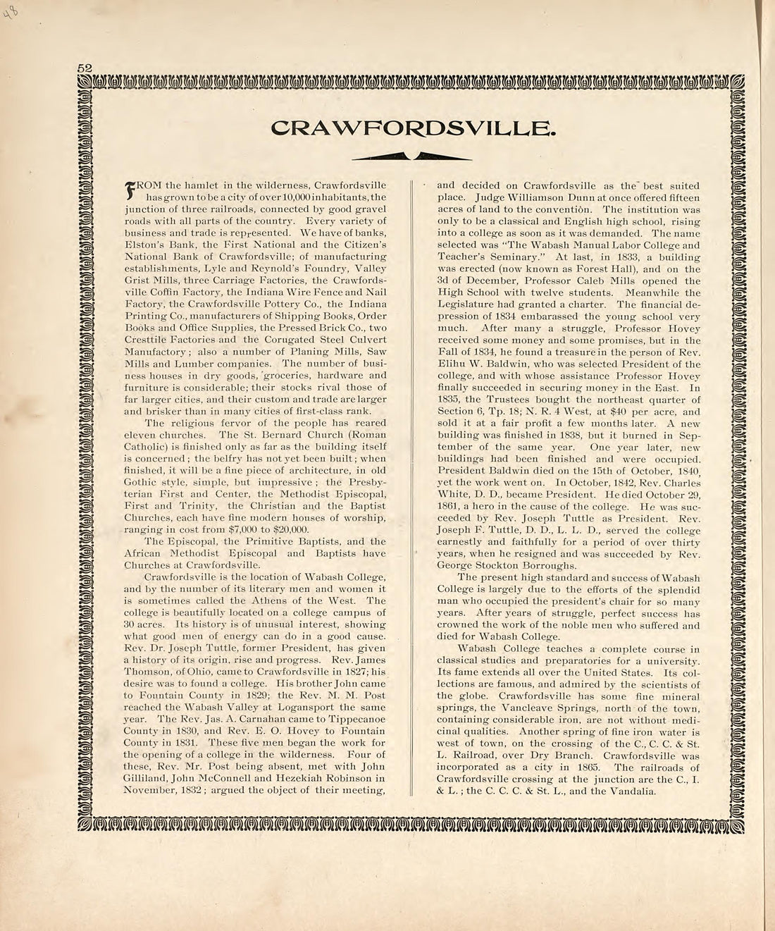 Crawfordsville from the Revised Montgomery County Atlas : Containing, Besides a Complete Atlas, Histories of the Townships and County and Treatises On Civil Government, Surveying and Civil Engineering 1898 by Relic Map Company