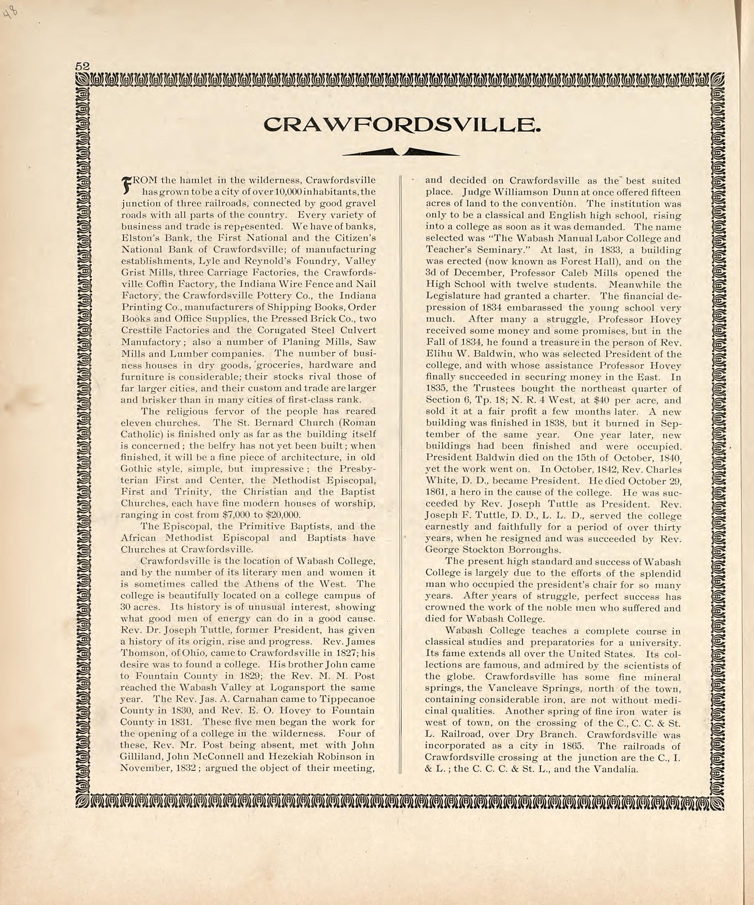 Crawfordsville from the Revised Montgomery County Atlas : Containing, Besides a Complete Atlas, Histories of the Townships and County and Treatises On Civil Government, Surveying and Civil Engineering 1898 by Relic Map Company