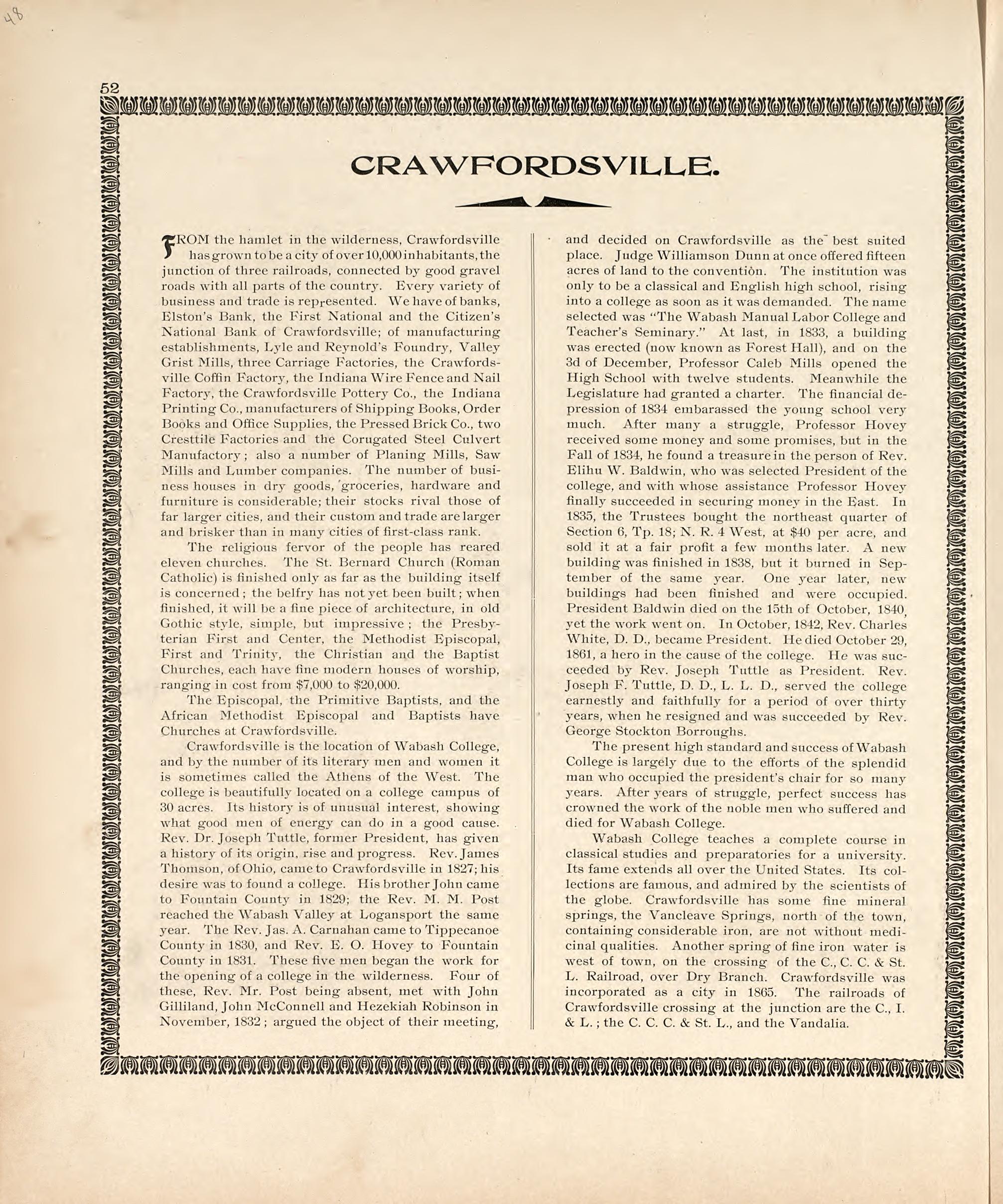 Crawfordsville from the Revised Montgomery County Atlas : Containing, Besides a Complete Atlas, Histories of the Townships and County and Treatises On Civil Government, Surveying and Civil Engineering 1898 by Relic Map Company