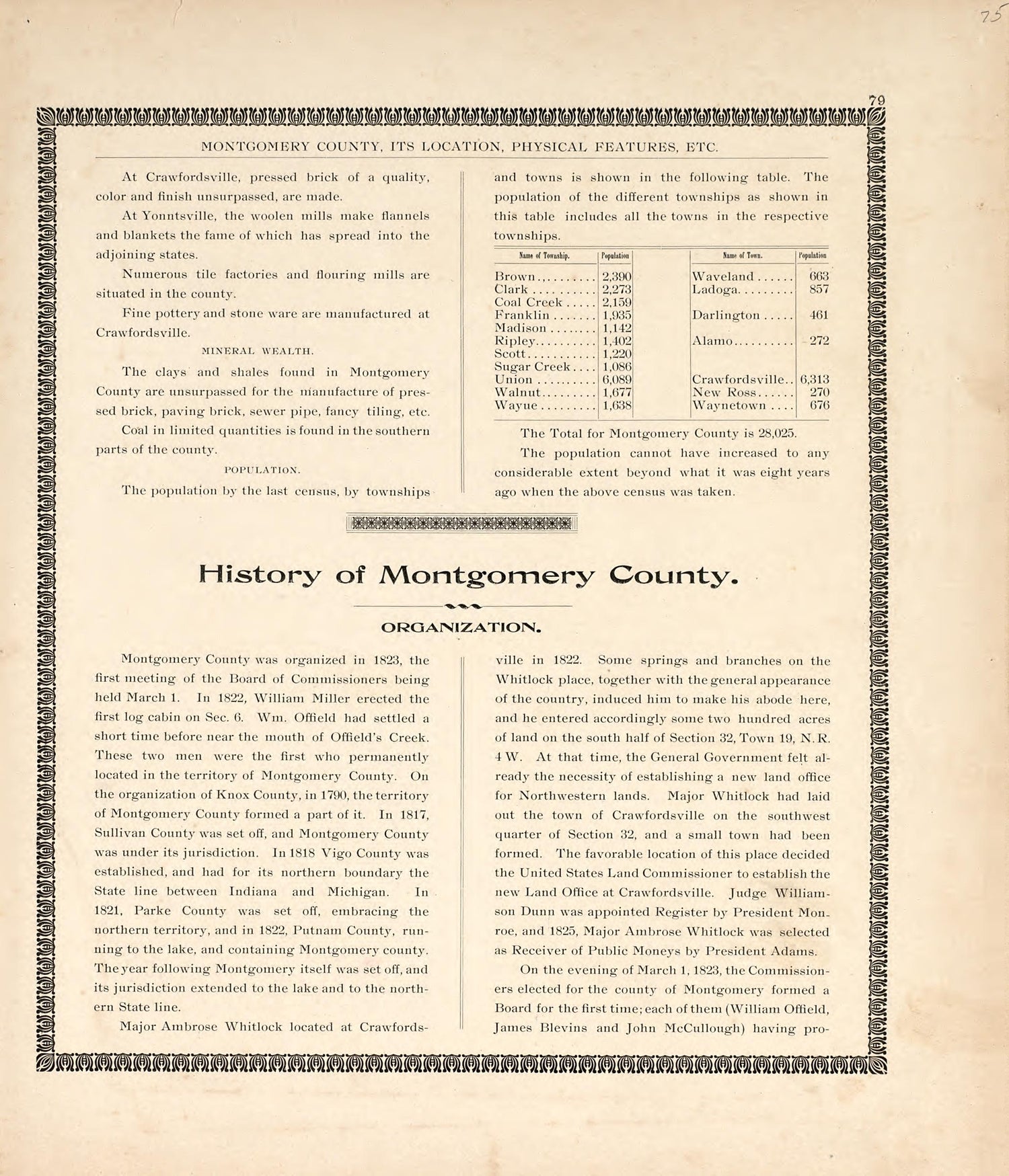 Montgomery County, Indiana, Cont.; History of Montgomery County from the Revised Montgomery County Atlas : Containing, Besides a Complete Atlas, Histories of the Townships and County and Treatises On Civil Government, Surveying and Civil Engineering 1898 by Relic Map Company