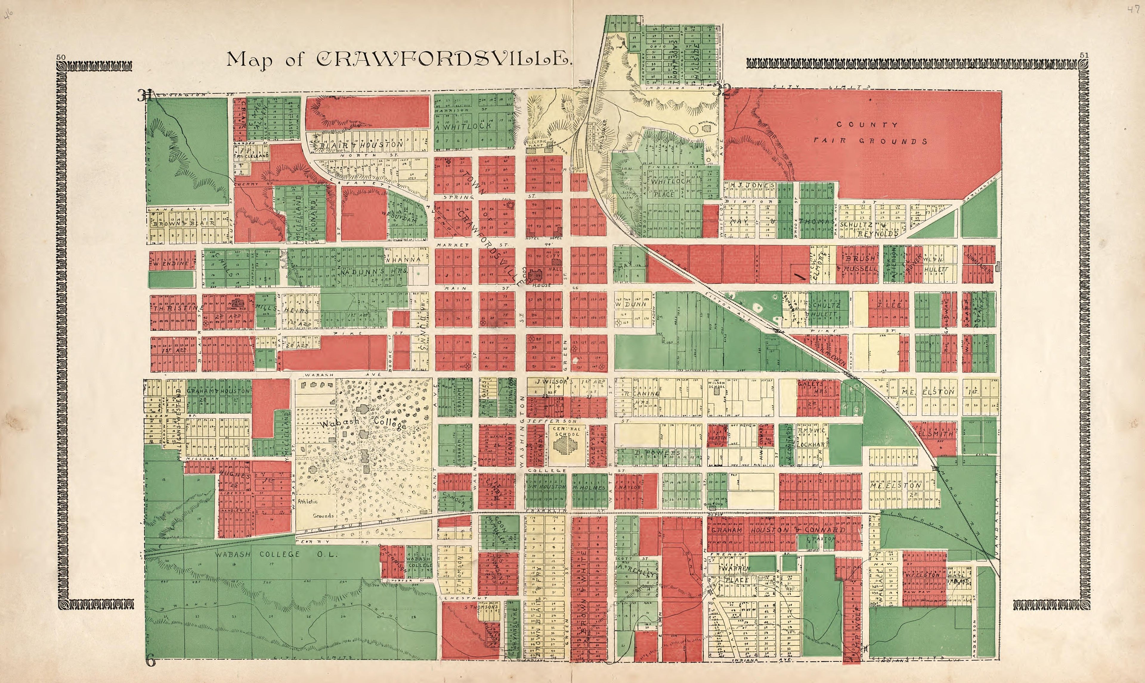 Map of Crawfordsville from the Revised Montgomery County Atlas : Containing, Besides a Complete Atlas, Histories of the Townships and County and Treatises On Civil Government, Surveying and Civil Engineering 1898 by Relic Map Company