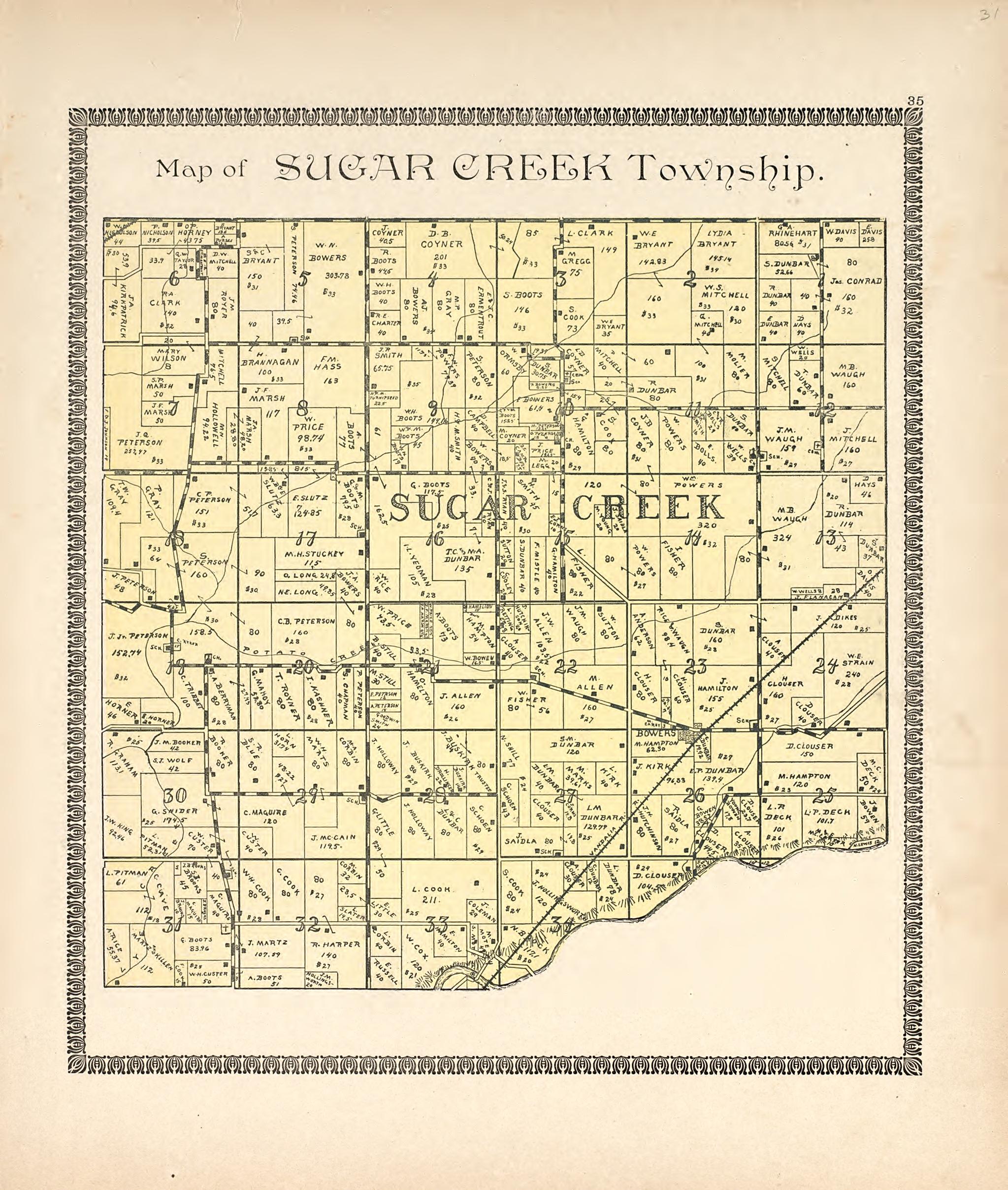 Map of Sugar Creek Township from the Revised Montgomery County Atlas : Containing, Besides a Complete Atlas, Histories of the Townships and County and Treatises On Civil Government, Surveying and Civil Engineering 1898 by Relic Map Company