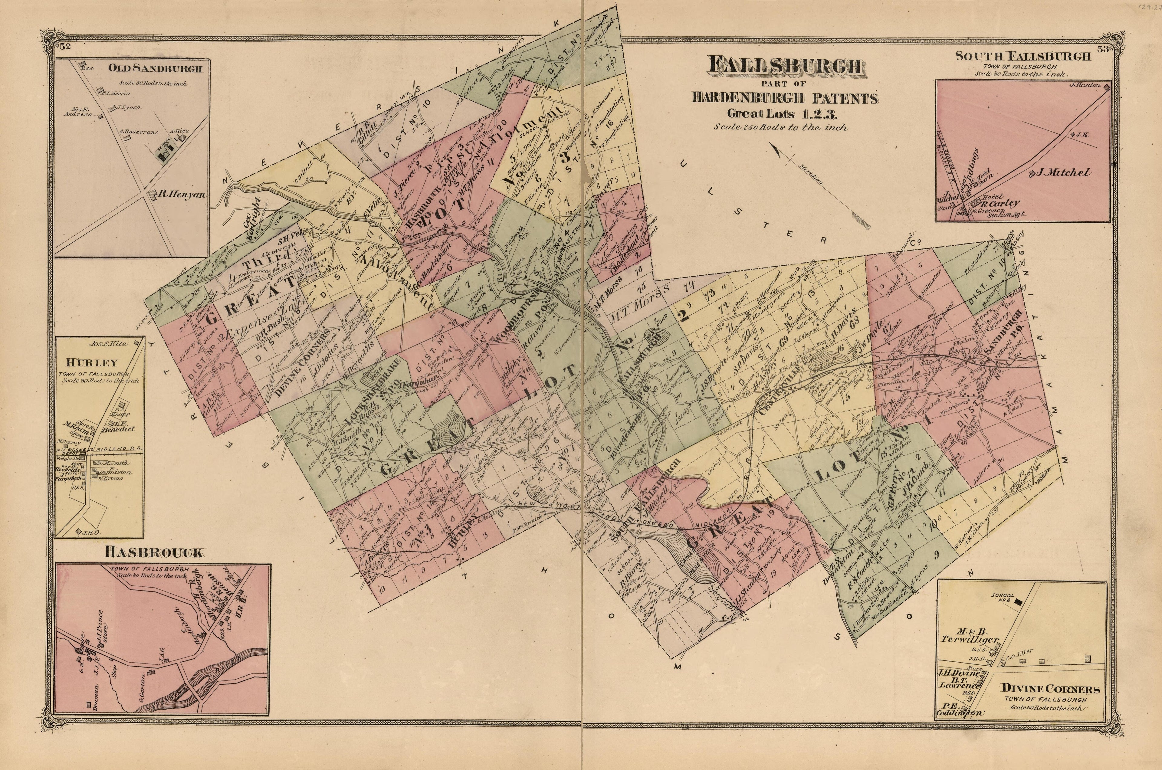 Fallsburgh, Part of Hardenburgh Patents, Great Lots 1,2,3; South Fallsburgh from County Atlas of Sullivan, New York 1875 by Relic Map Company