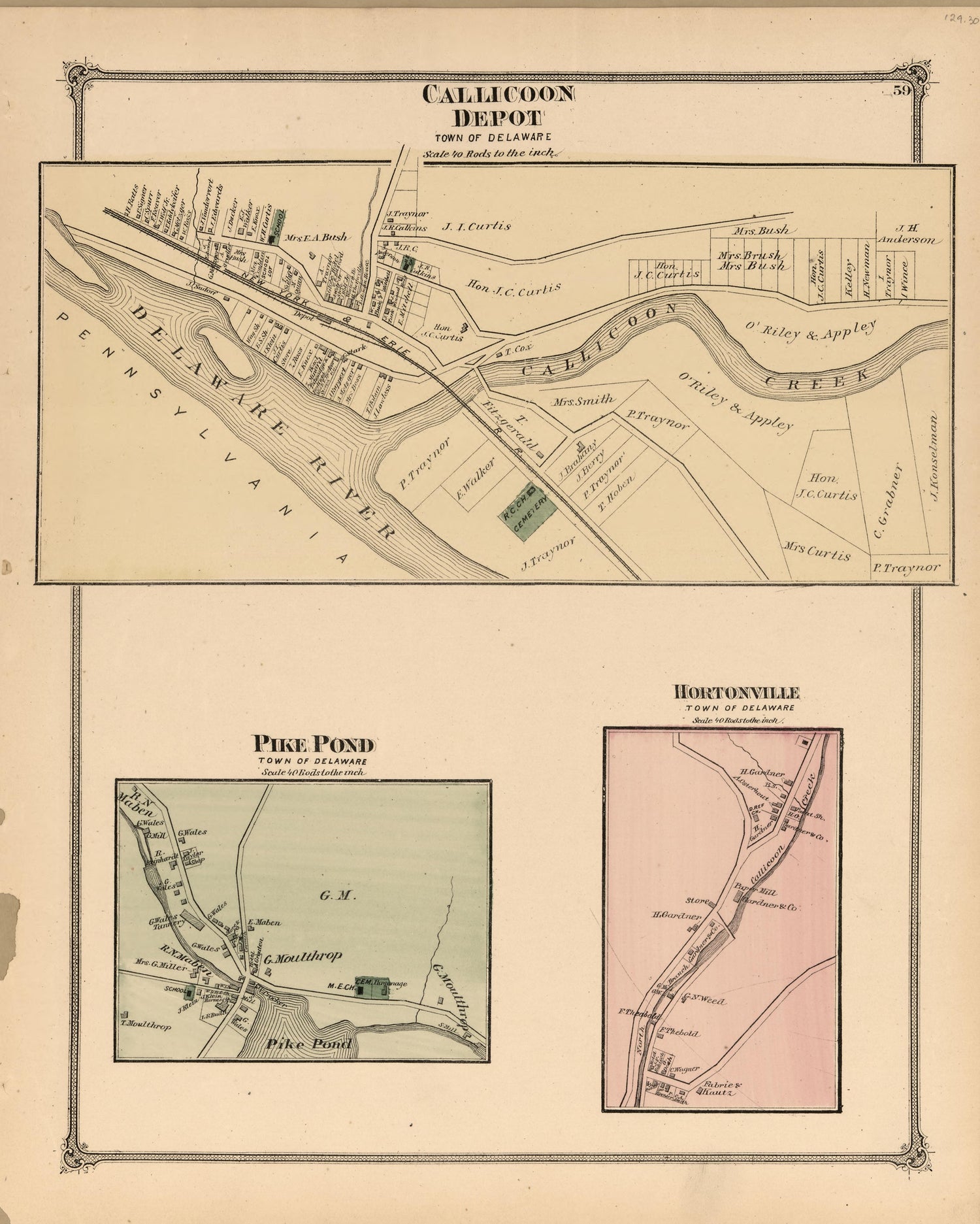 Callicoon Depot, Pike Pond, Hortonville from County Atlas of Sullivan, New York 1875 by Relic Map Company