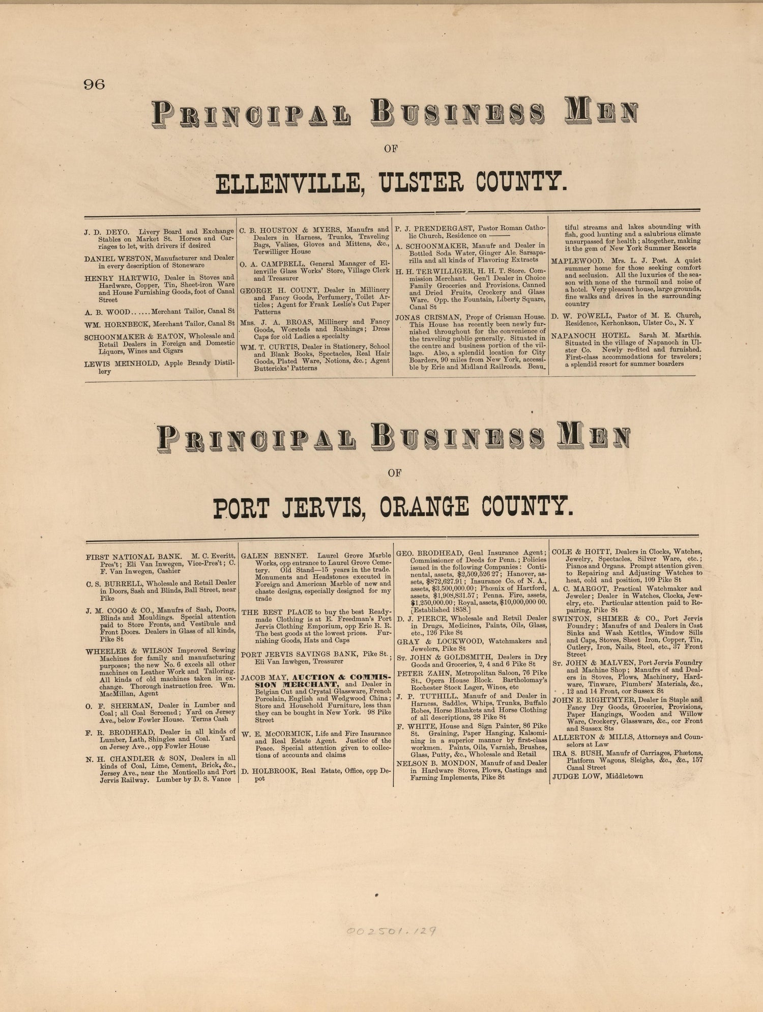 Principal Business Men of Ellenville, Ulster County; Port Jervis, Orange County from County Atlas of Sullivan, New York 1875 by Relic Map Company