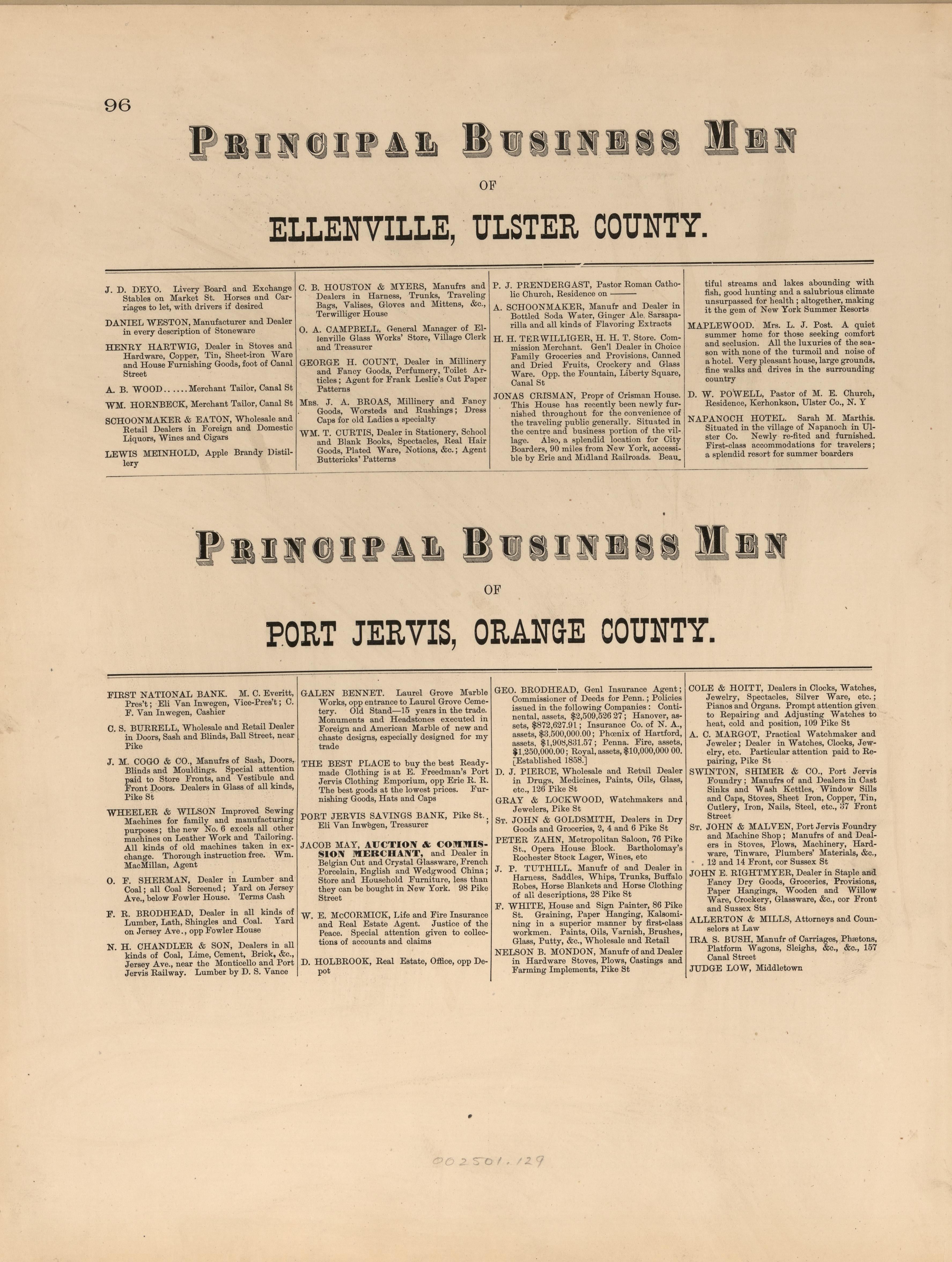 Principal Business Men of Ellenville, Ulster County; Port Jervis, Orange County from County Atlas of Sullivan, New York 1875 by Relic Map Company