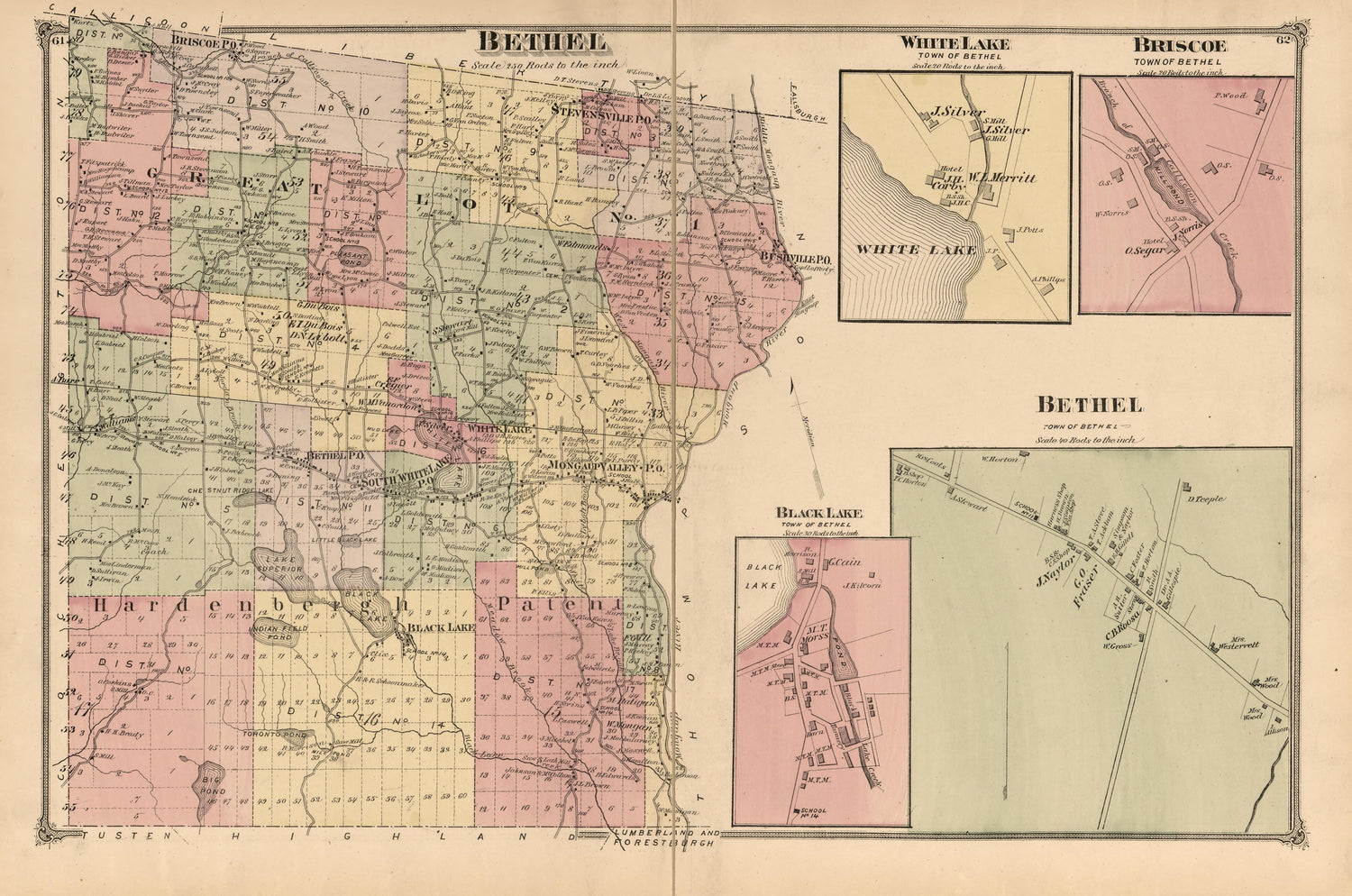 Bethel, White Lake, Briscoe, Black Lake from County Atlas of Sullivan, New York 1875 by Relic Map Company