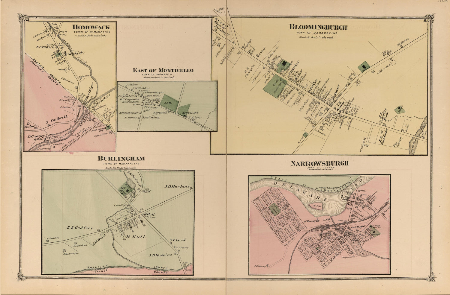 Homowack, East of Monticello, Burlingham, Bloomingburgh, Narrowsburgh from County Atlas of Sullivan, New York 1875 by Relic Map Company