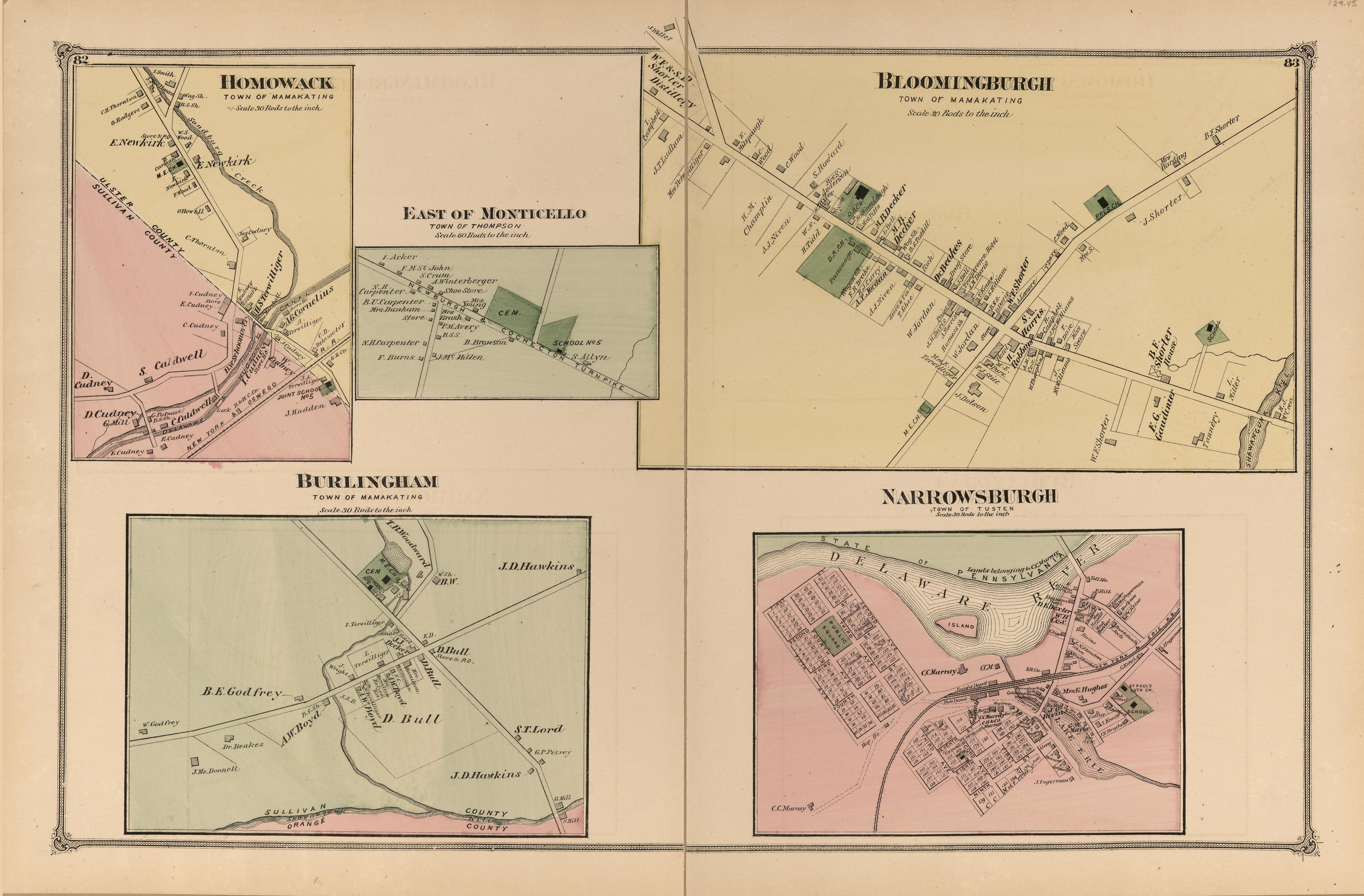 Homowack, East of Monticello, Burlingham, Bloomingburgh, Narrowsburgh from County Atlas of Sullivan, New York 1875 by Relic Map Company