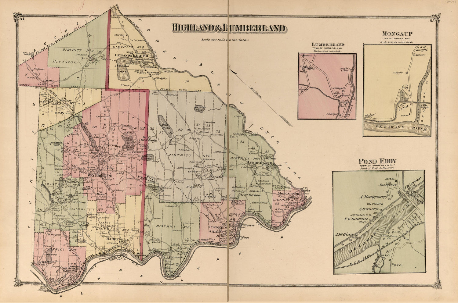 Highland &amp; Lumberland, Mongaup, Pond Eddy from County Atlas of Sullivan, New York 1875 by Relic Map Company