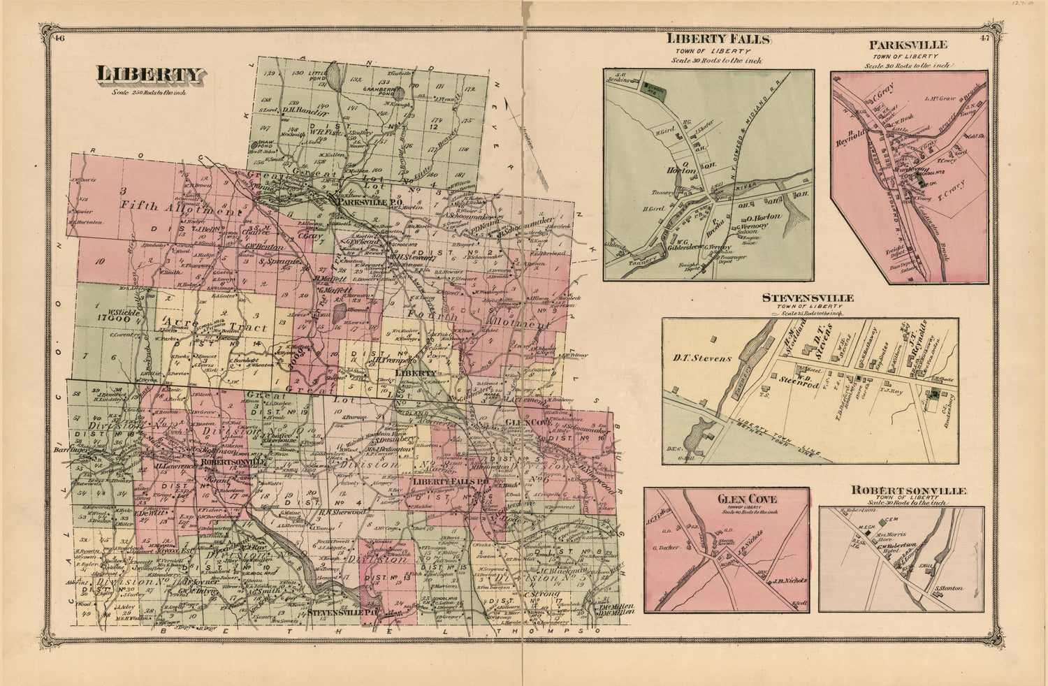 Liberty; Liberty Falls, Parksville, Stevensville, Glen Cove, Robertsonville from County Atlas of Sullivan, New York 1875 by Relic Map Company
