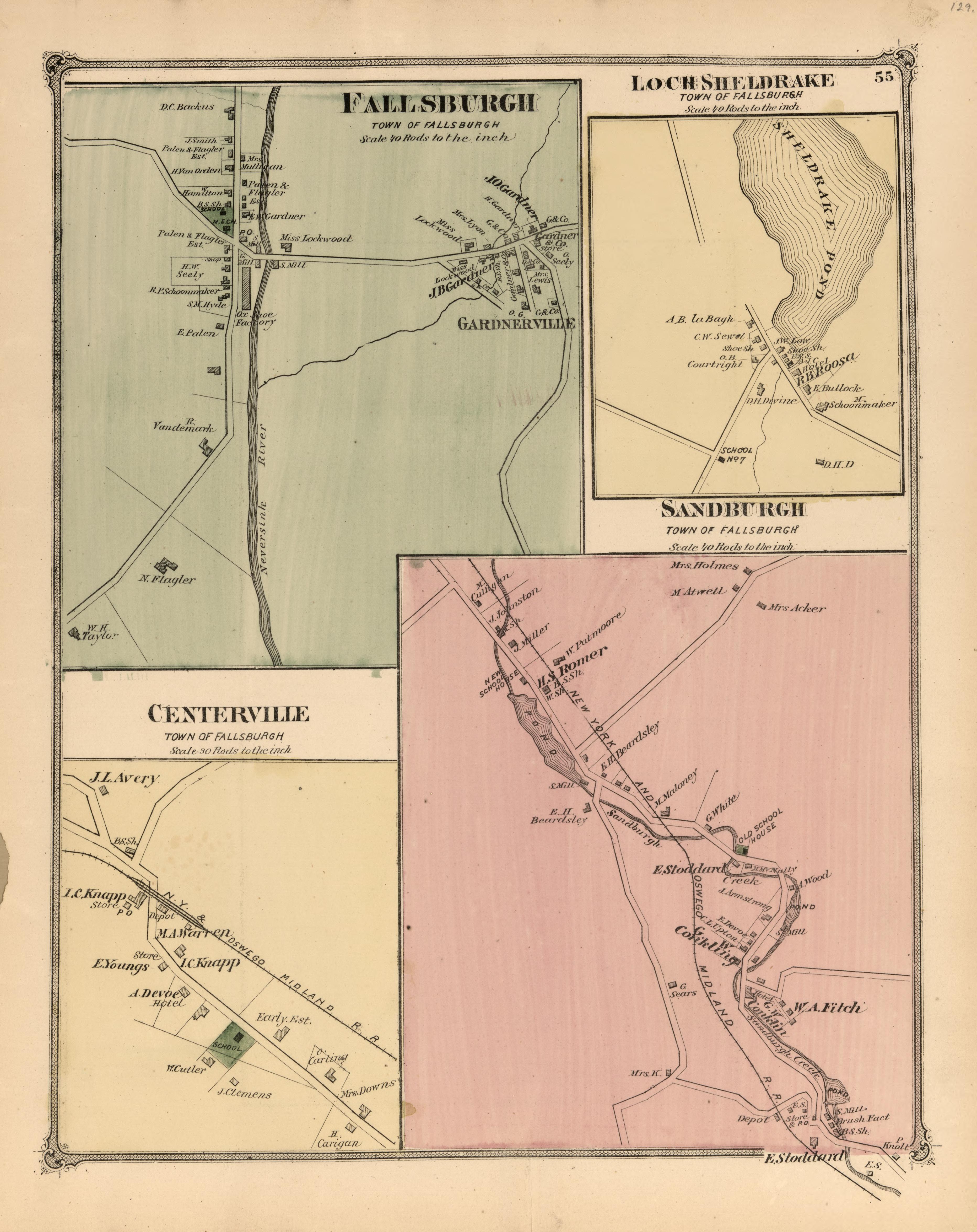 Fallsburgh, Loch Sheldarke, Centerville, Sandburgh from County Atlas of Sullivan, New York 1875 by Relic Map Company