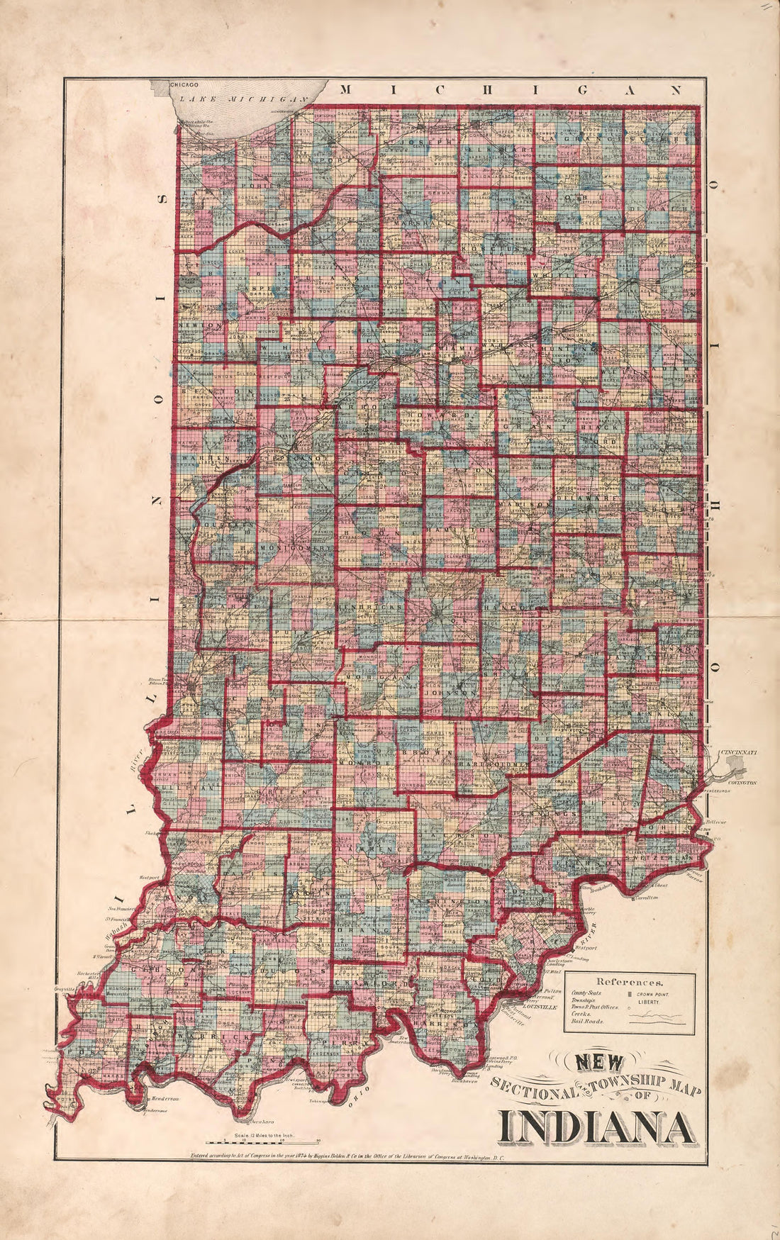 New Sectional Township Map of Indiana from Illustrated Historical Atlas of Porter County, Indiana 1876 by Relic Map Company