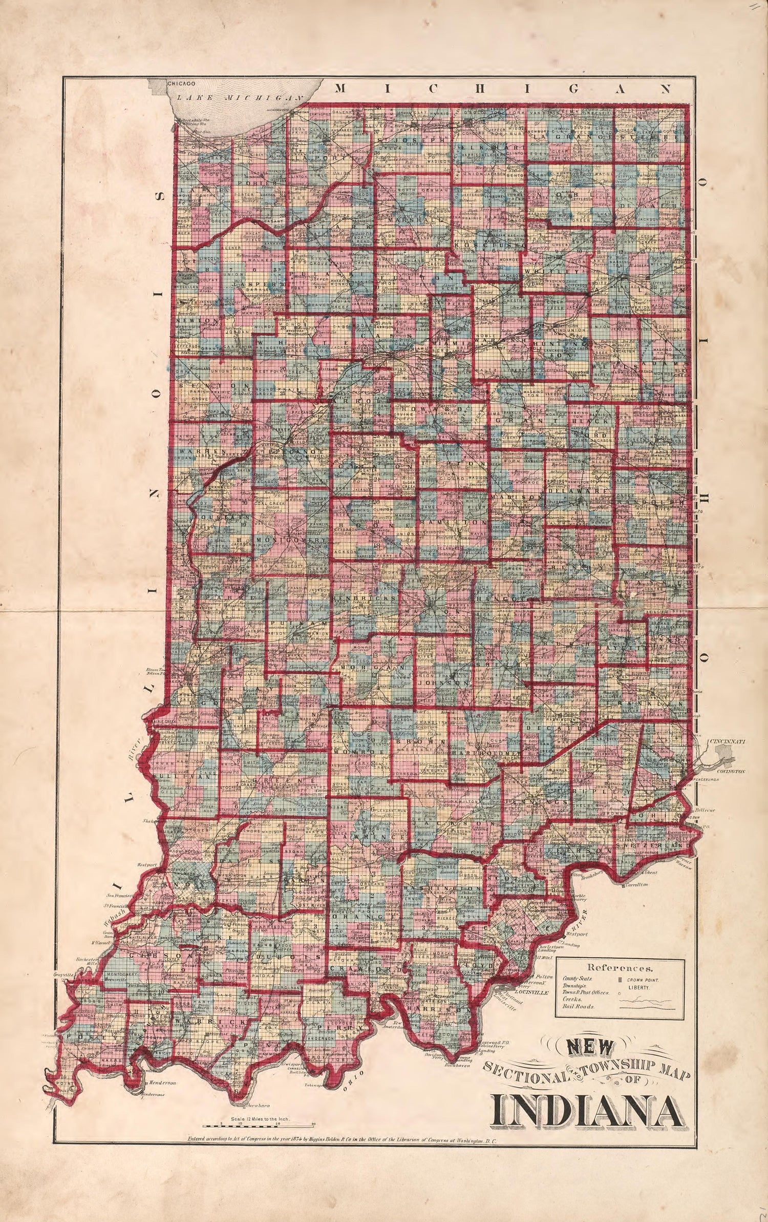 New Sectional Township Map of Indiana from Illustrated Historical Atlas of Porter County, Indiana 1876 by Relic Map Company
