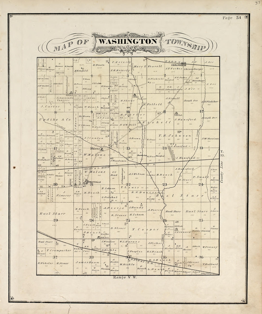 Map of Washington Township from Illustrated Historical Atlas of Porter County, Indiana 1876 by Relic Map Company