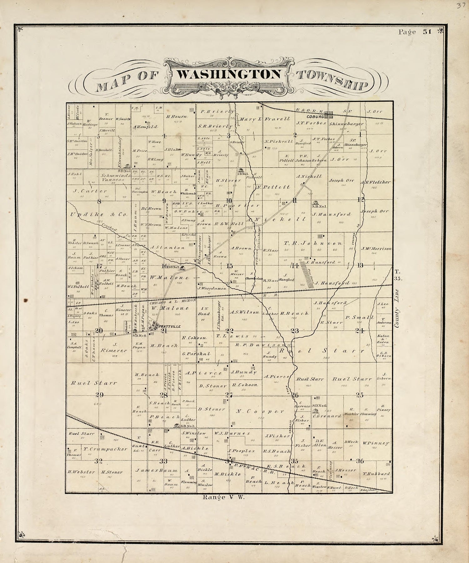 Map of Washington Township from Illustrated Historical Atlas of Porter County, Indiana 1876 by Relic Map Company