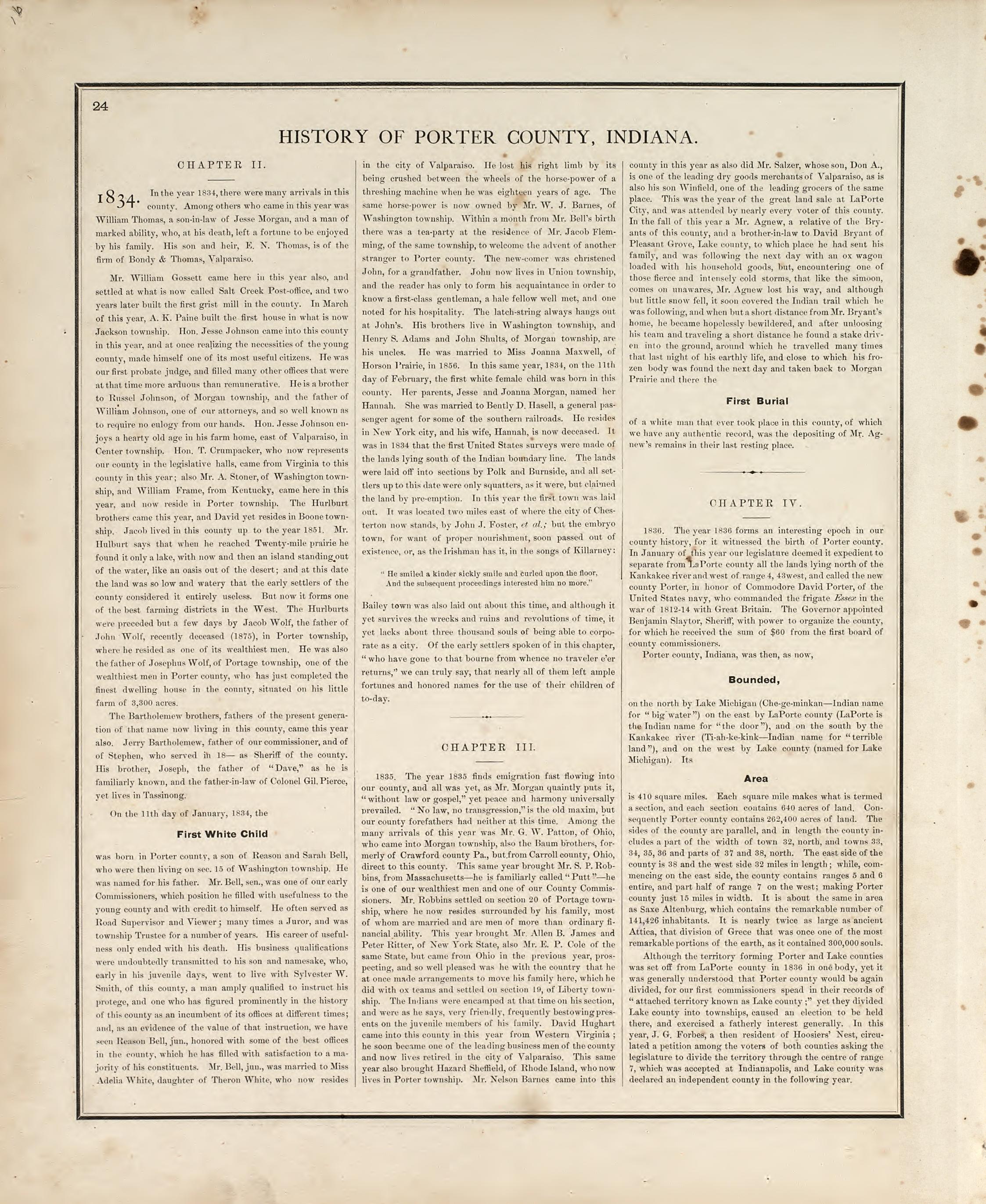 History of Porter County, Indiana from Illustrated Historical Atlas of Porter County, Indiana 1876 by Relic Map Company