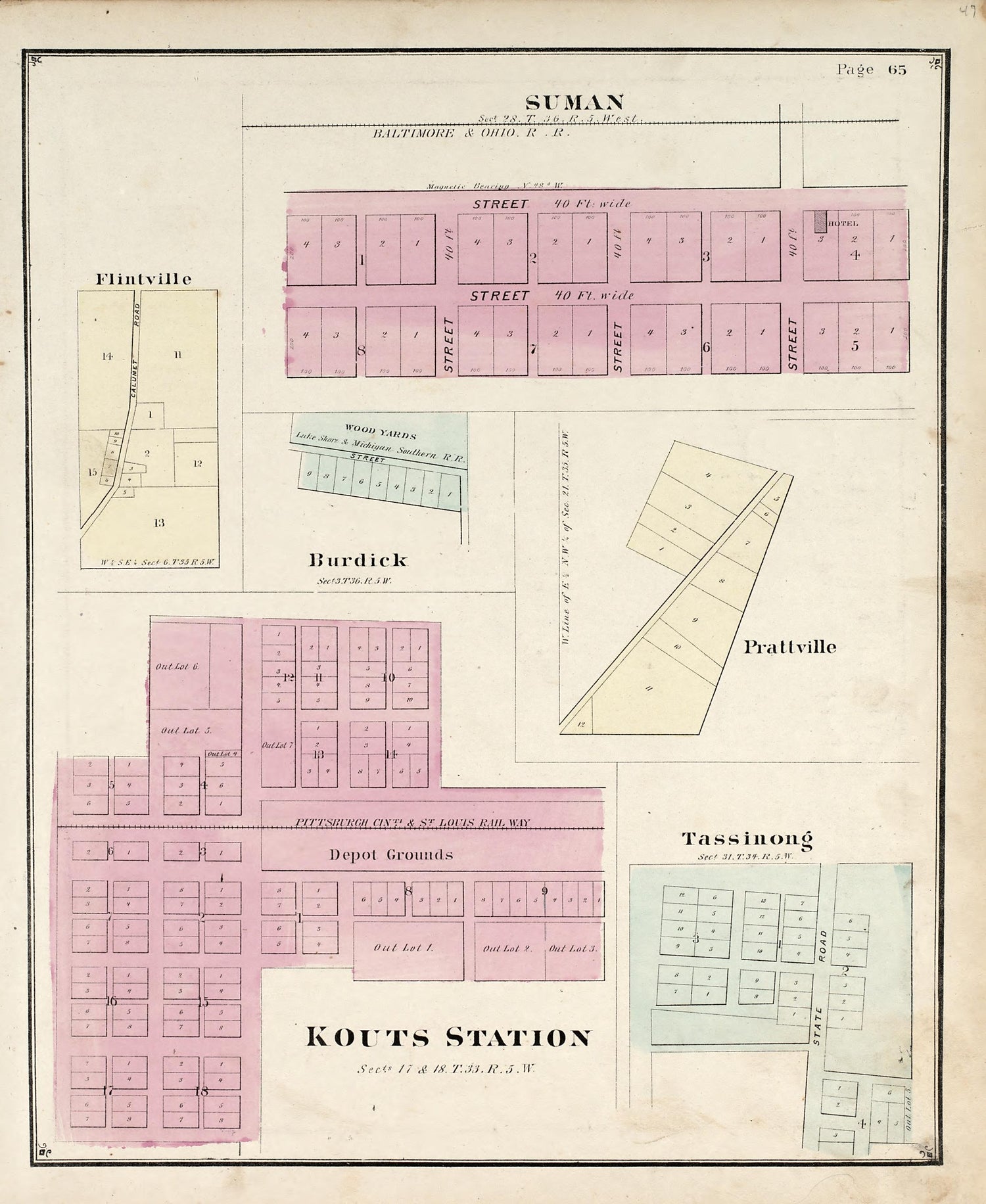 Suman; Flintville; Burdick; Prattville; Kouts Station; Tassinong from Illustrated Historical Atlas of Porter County, Indiana 1876 by Relic Map Company