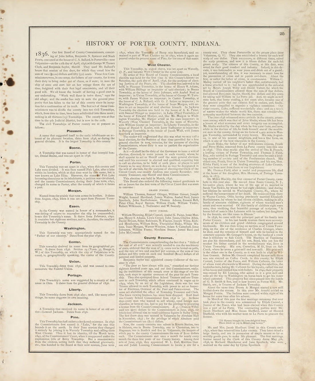 History of Porter County, Indiana from Illustrated Historical Atlas of Porter County, Indiana 1876 by Relic Map Company