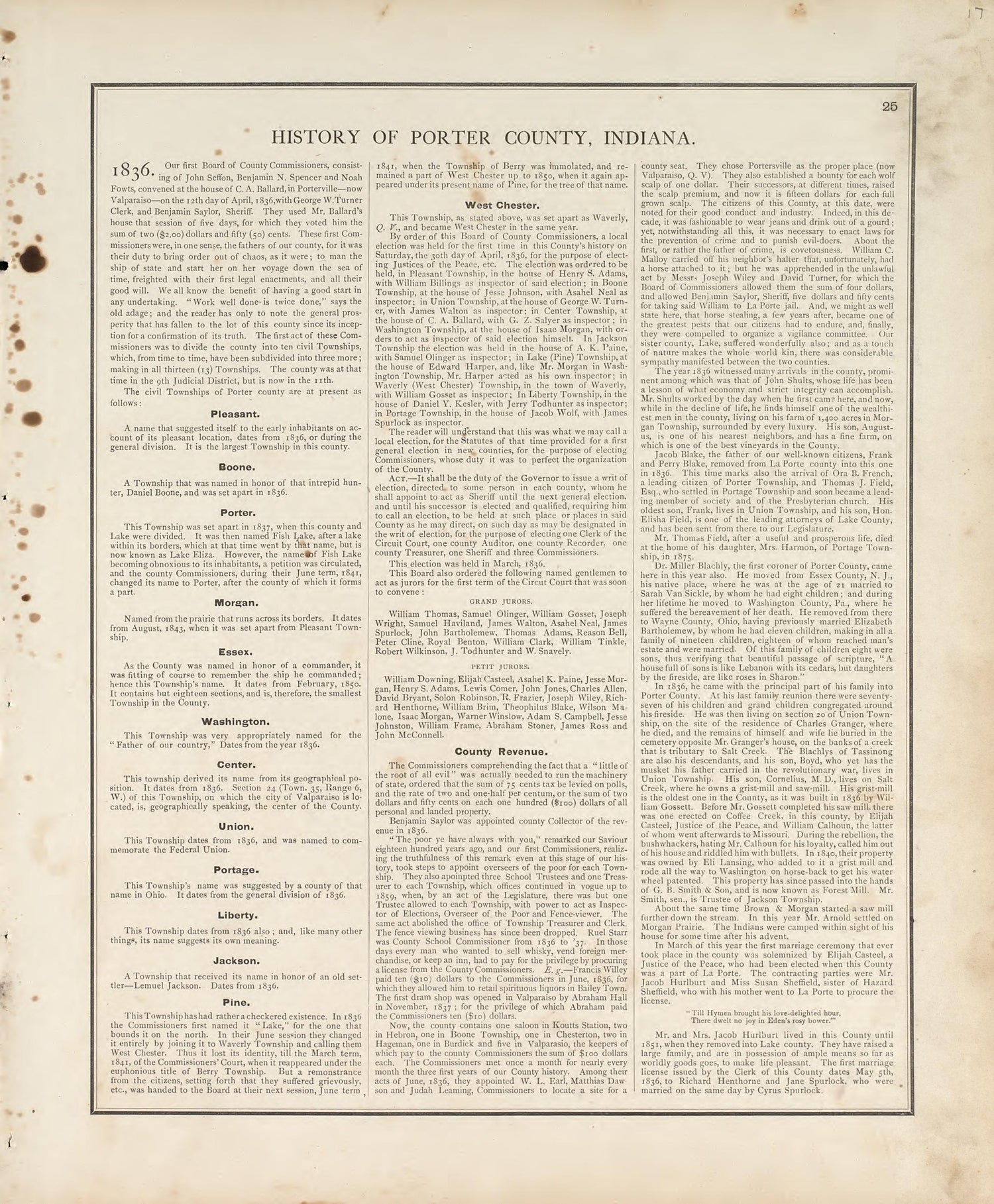 History of Porter County, Indiana from Illustrated Historical Atlas of Porter County, Indiana 1876 by Relic Map Company