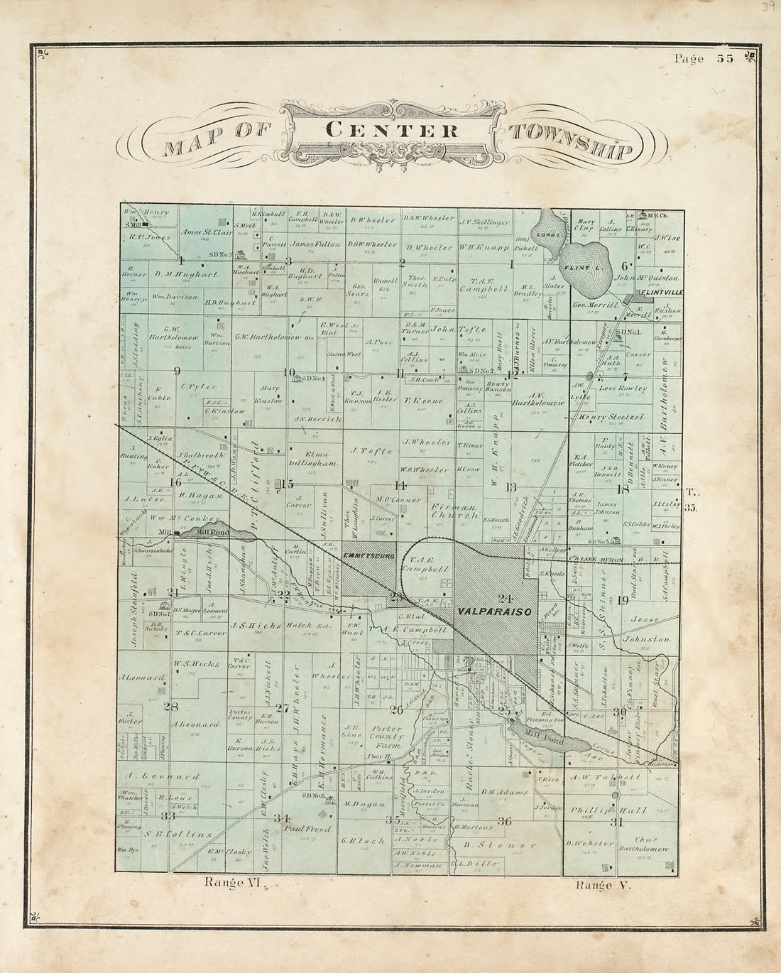 Map of Center Township from Illustrated Historical Atlas of Porter County, Indiana 1876 by Relic Map Company