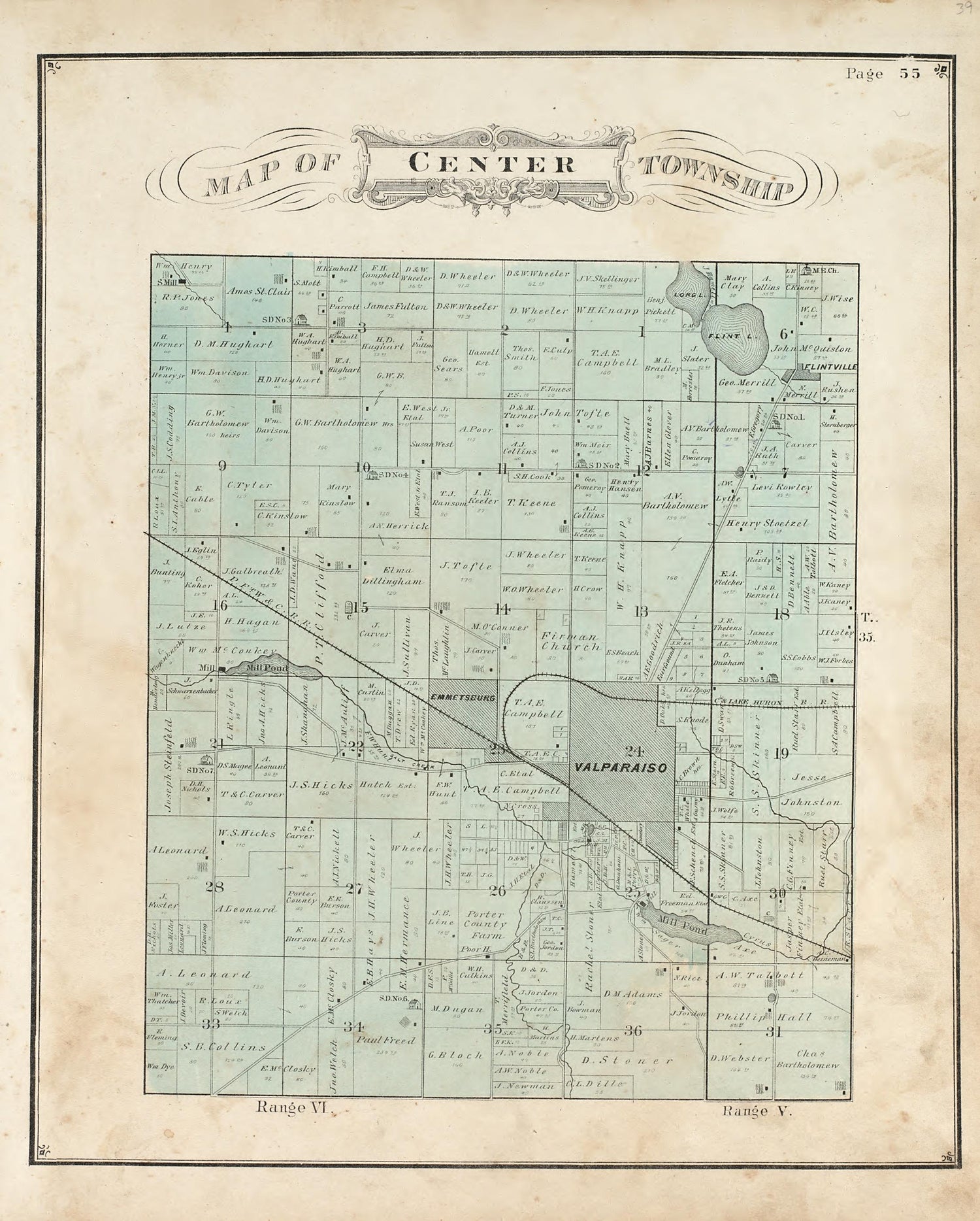 Map of Center Township from Illustrated Historical Atlas of Porter County, Indiana 1876 by Relic Map Company