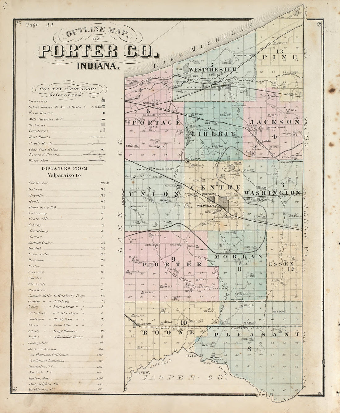 Outline Map of Porter County, Indiana from Illustrated Historical Atlas of Porter County, Indiana 1876 by Relic Map Company