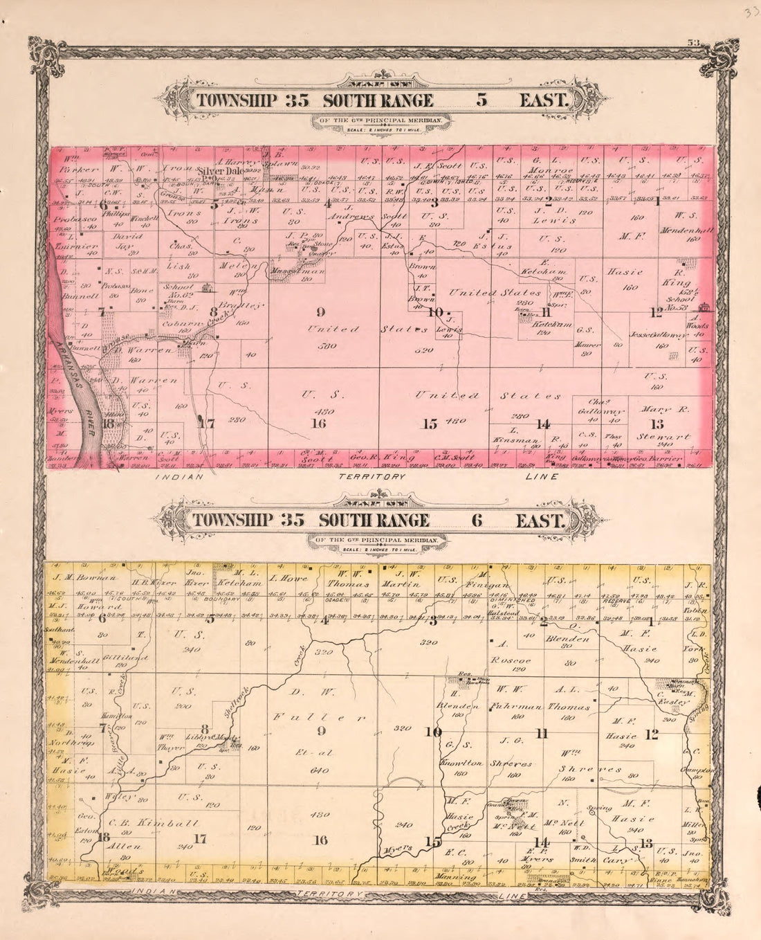 Township 35 South Range 5 and 6 East from Historical Atlas of Cowley County, Kansas 1882 by Relic Map Company