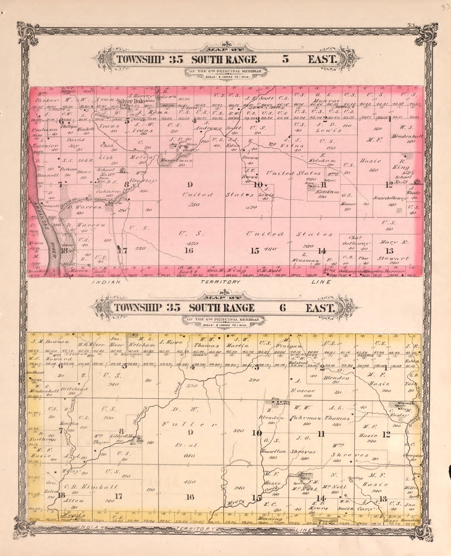 Township 35 South Range 5 and 6 East from Historical Atlas of Cowley County, Kansas 1882 by Relic Map Company